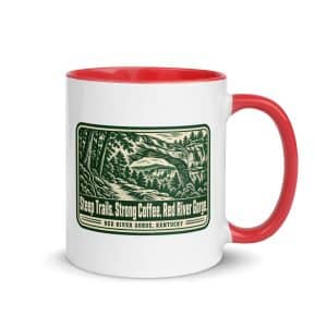 Red River Gorge Color Inside Coffee Mug: Steep Trails. Strong Coffee. Red River Gorge, Forest Ink Stamp - 11 oz - Main