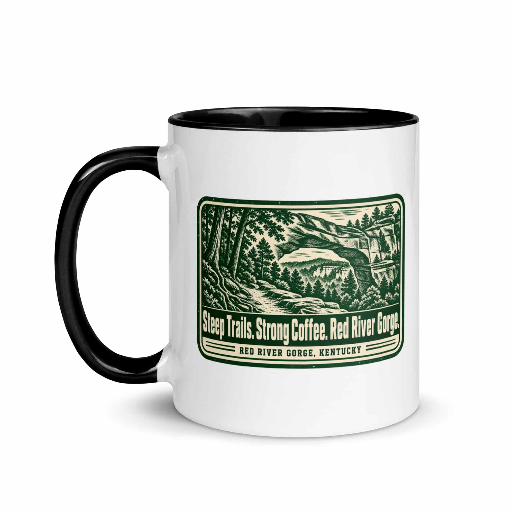 Red River Gorge Color Inside Coffee Mug: Steep Trails. Strong Coffee. Red River Gorge, Forest Ink Stamp
