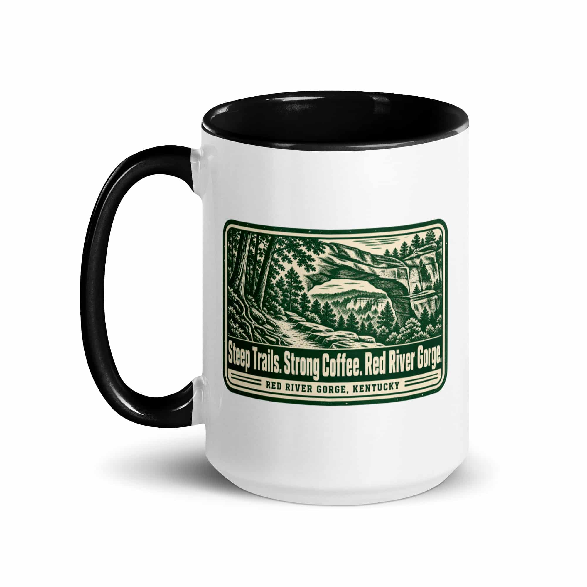 Red River Gorge Color Inside Coffee Mug: Steep Trails. Strong Coffee. Red River Gorge, Forest Ink Stamp