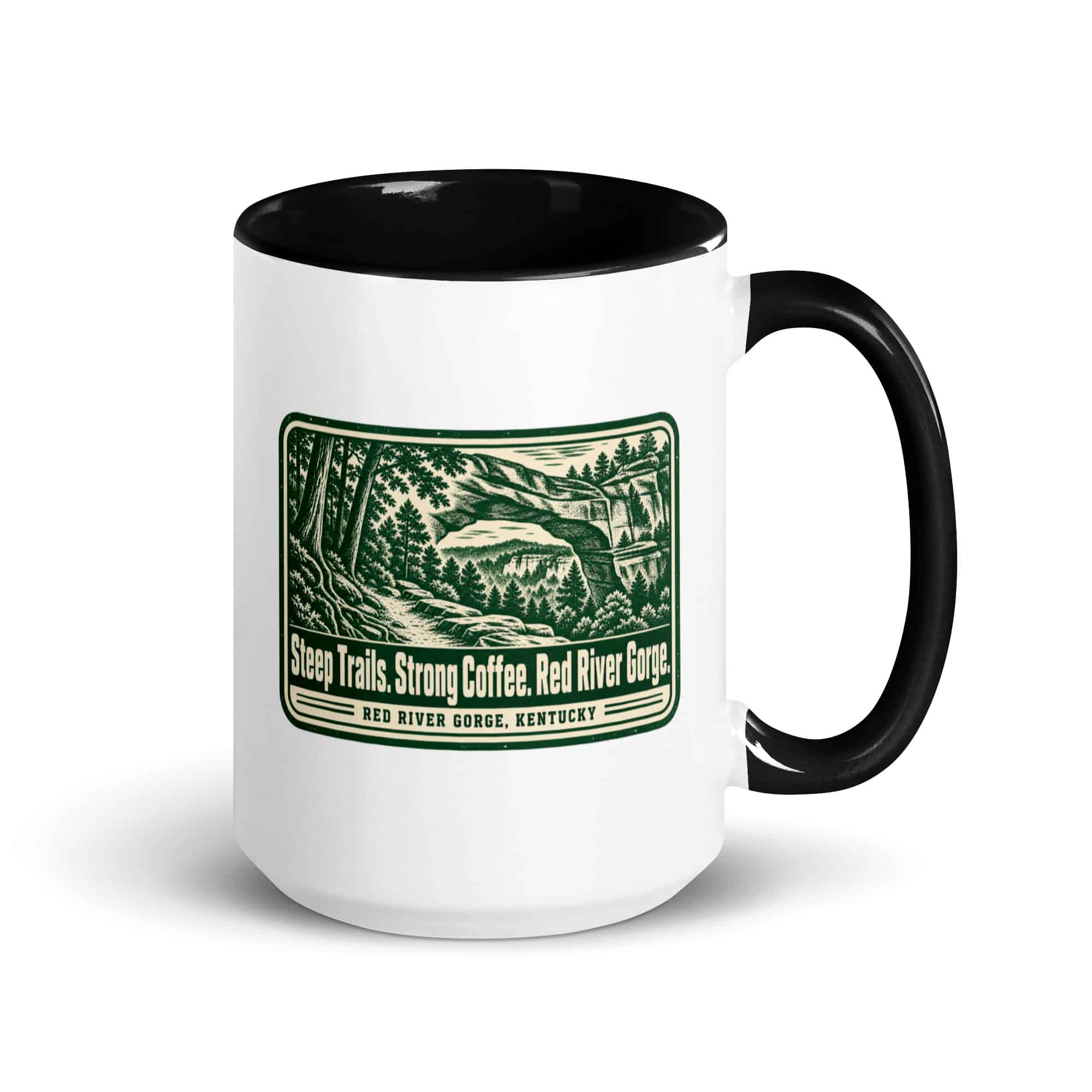 Red River Gorge Color Inside Coffee Mug: Steep Trails. Strong Coffee. Red River Gorge, Forest Ink Stamp