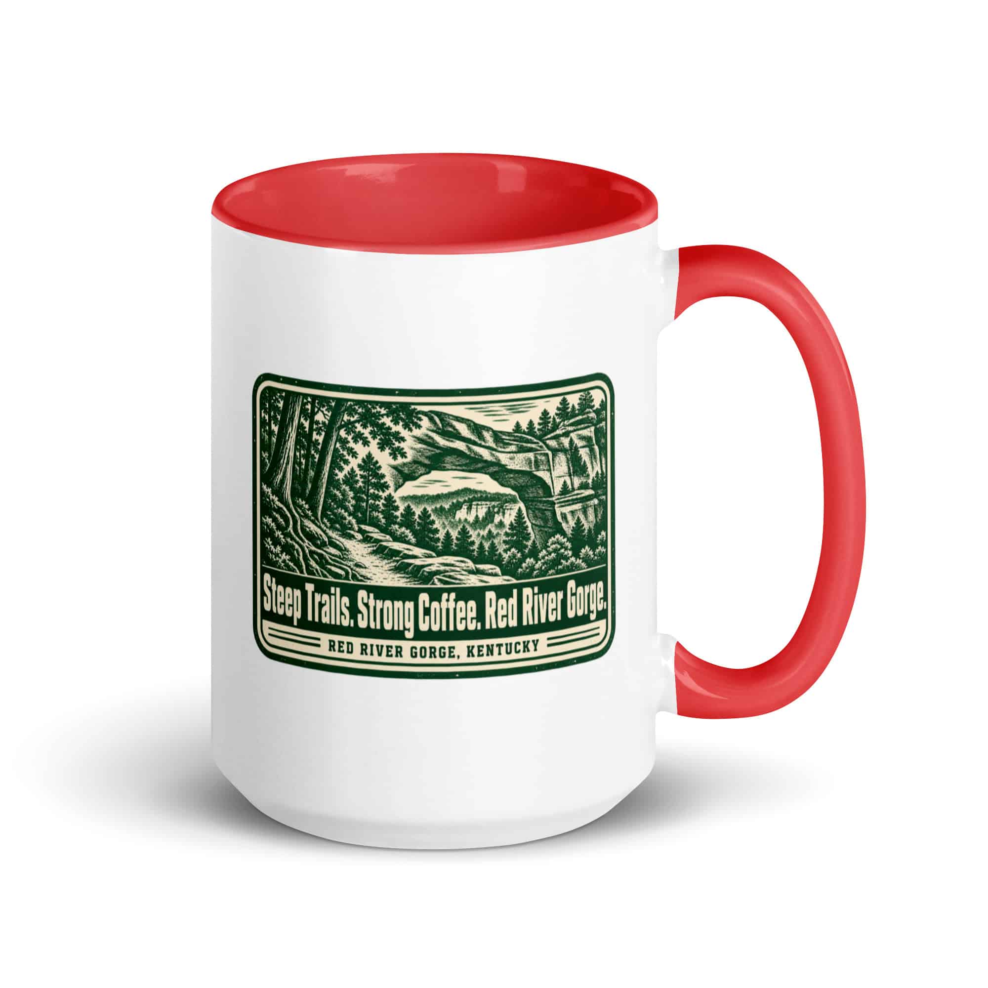 Red River Gorge Color Inside Coffee Mug: Steep Trails. Strong Coffee. Red River Gorge, Forest Ink Stamp
