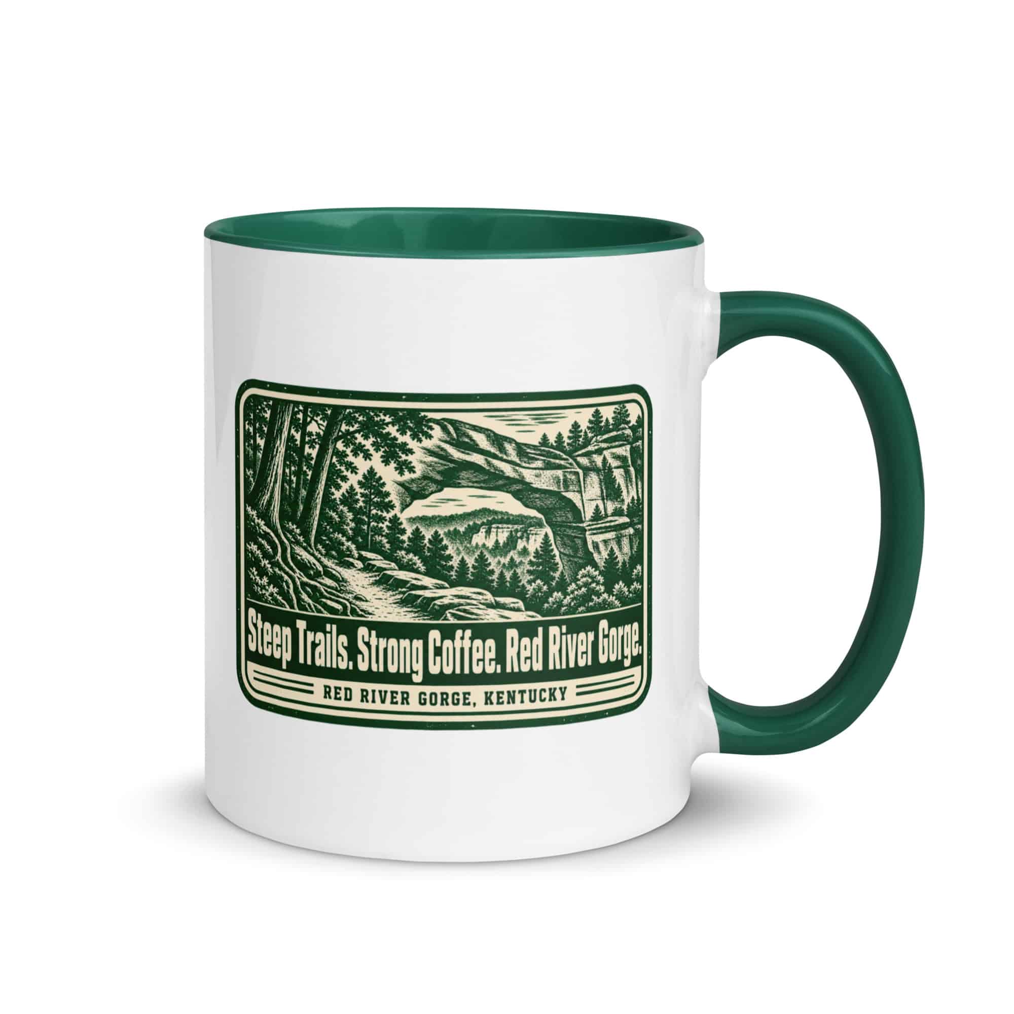 Red River Gorge Color Inside Coffee Mug: Steep Trails. Strong Coffee. Red River Gorge, Forest Ink Stamp