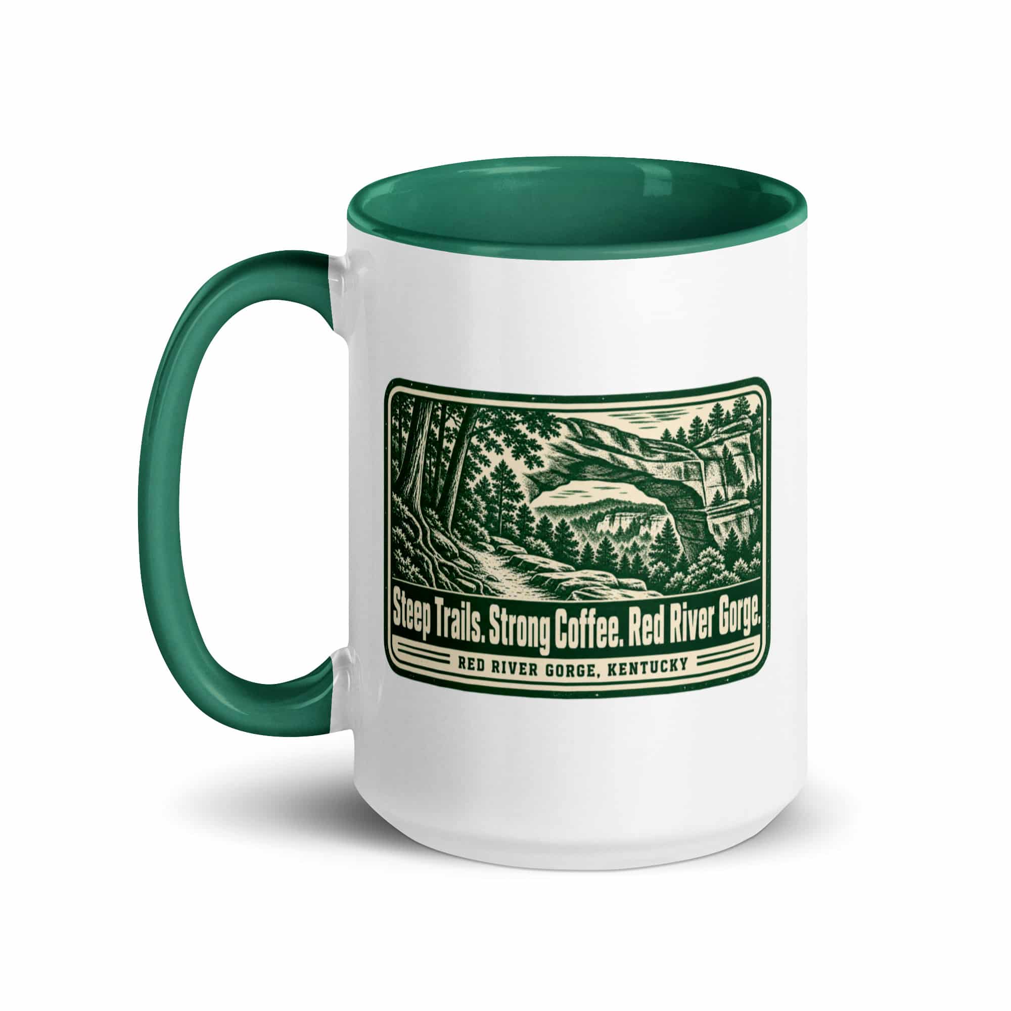 Red River Gorge Color Inside Coffee Mug: Steep Trails. Strong Coffee. Red River Gorge, Forest Ink Stamp
