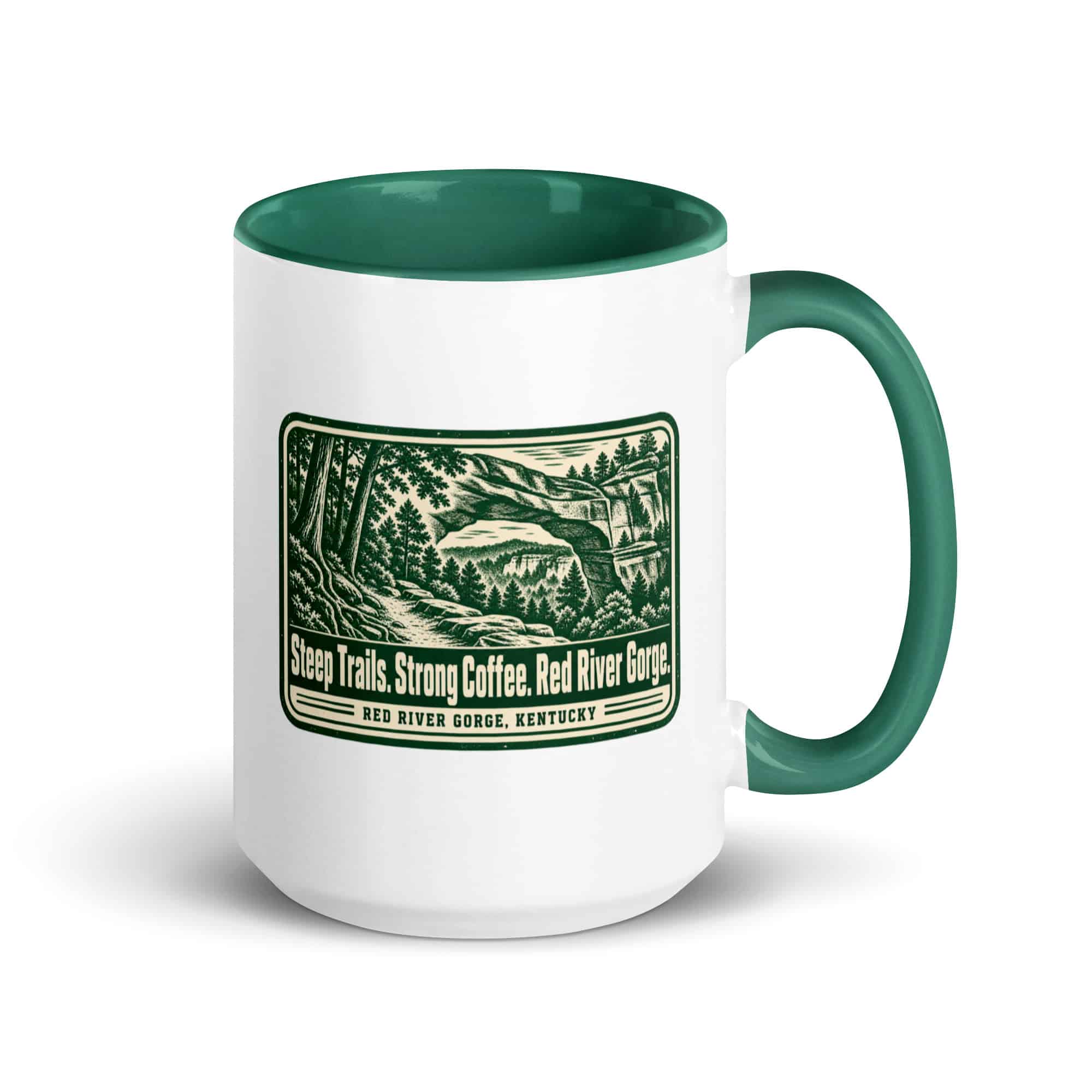 Red River Gorge Color Inside Coffee Mug: Steep Trails. Strong Coffee. Red River Gorge, Forest Ink Stamp