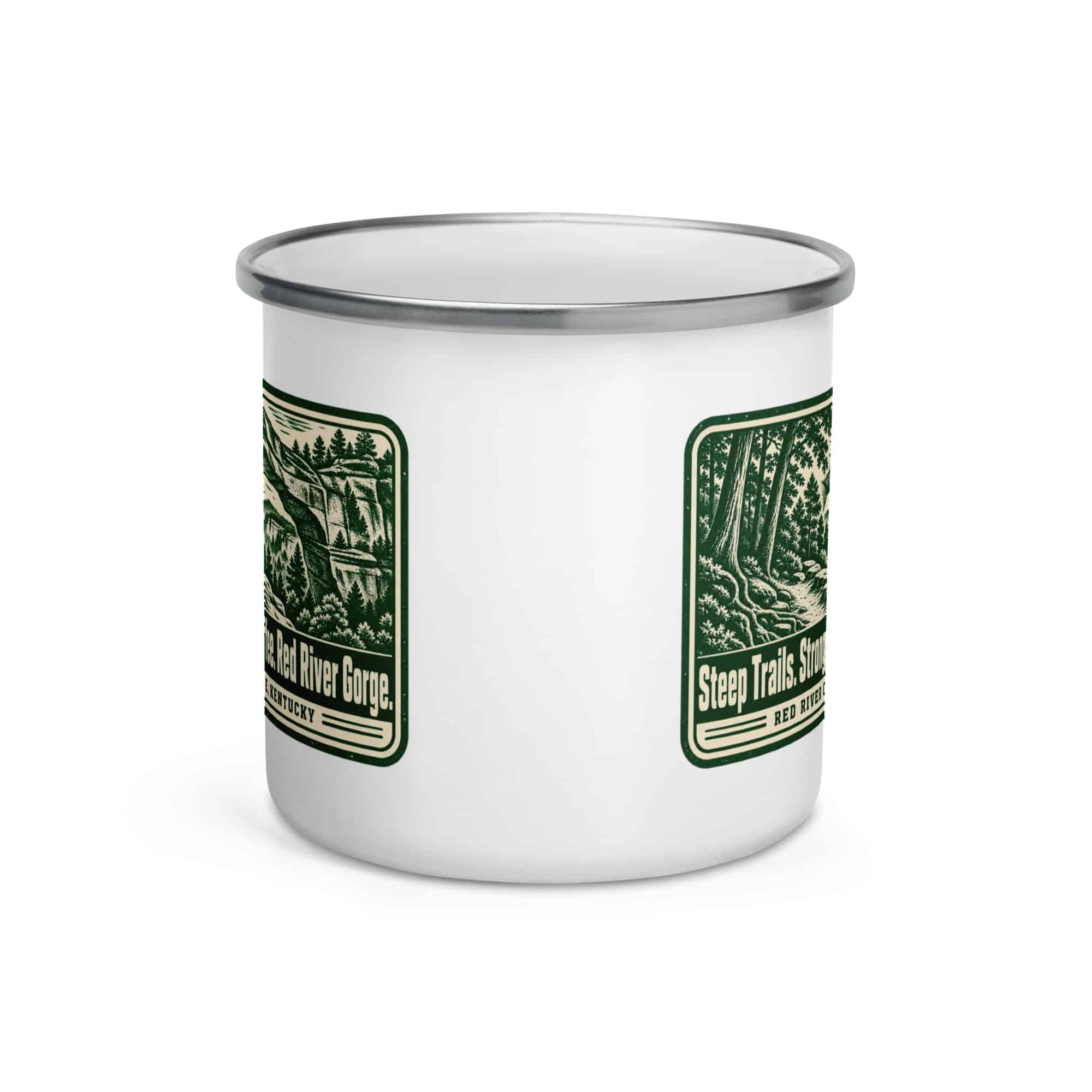Red River Gorge Enamel Camp Mug: Steep Trails. Strong Coffee. Red River Gorge, Forest Ink Stamp