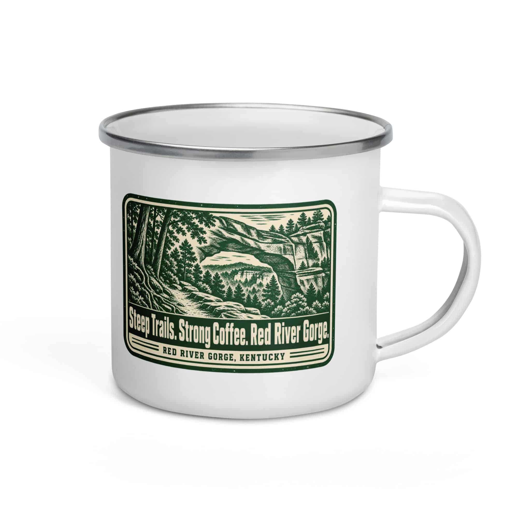 Red River Gorge Enamel Camp Mug: Steep Trails. Strong Coffee. Red River Gorge, Forest Ink Stamp