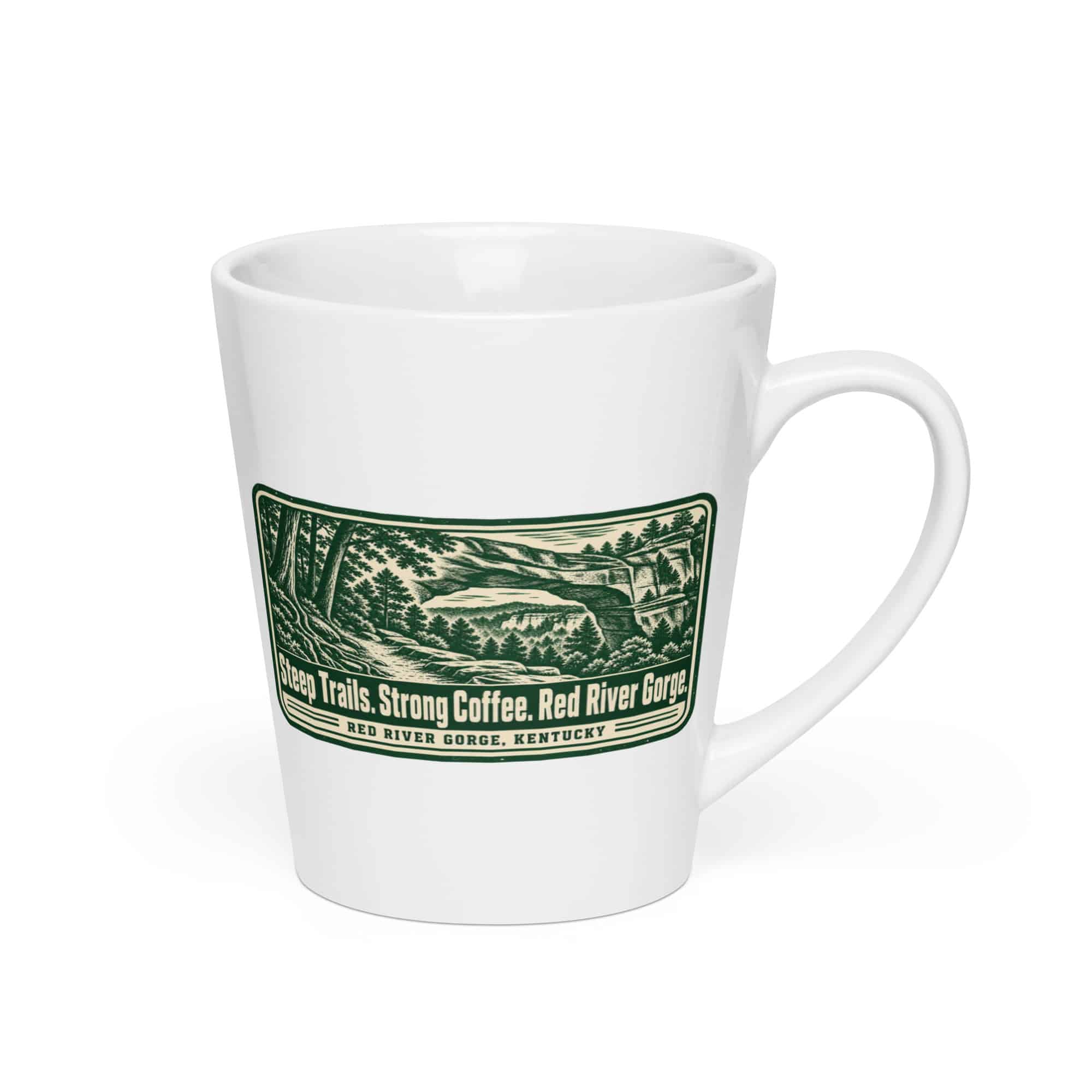 Red River Gorge Latte Mug: Steep Trails. Strong Coffee. Red River Gorge, Forest Ink Stamp