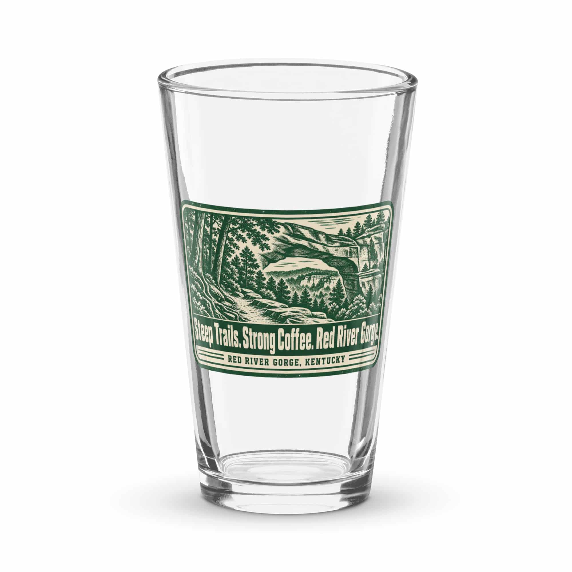 Red River Gorge Pint Glass: Steep Trails. Strong Coffee. Red River Gorge, Forest Ink Stamp