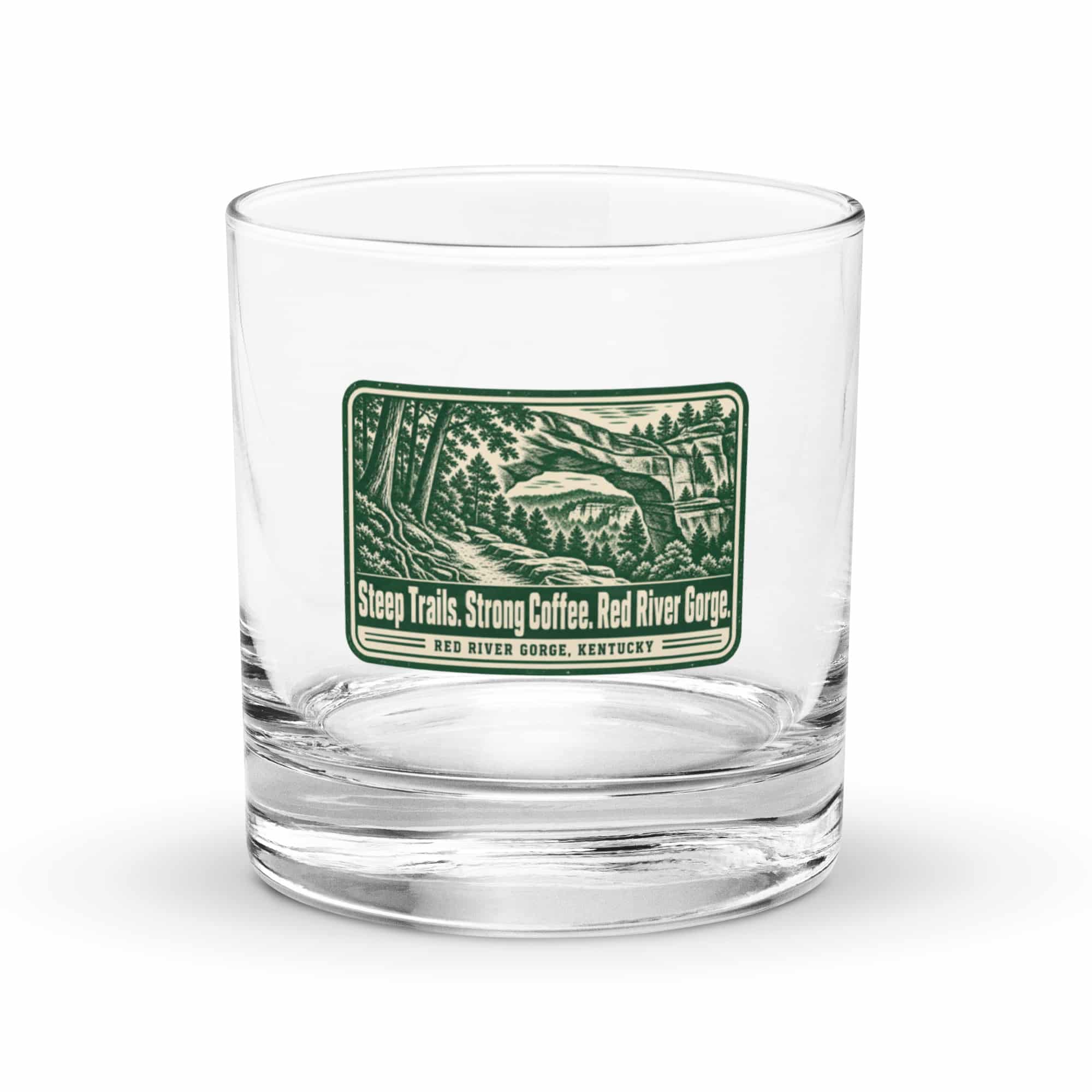 Red River Gorge Rocks Glass: Steep Trails. Strong Coffee. Red River Gorge, Forest Ink Stamp