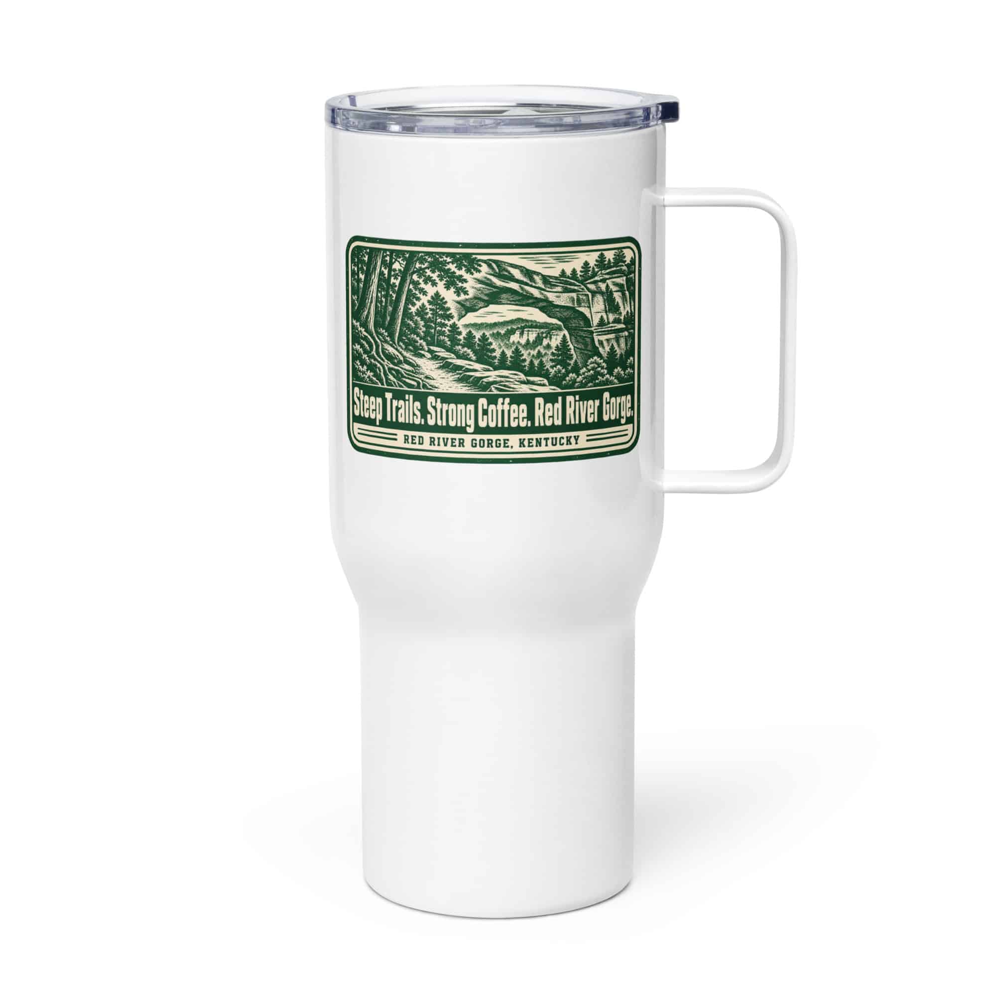 Red River Gorge Travel Mug: Steep Trails. Strong Coffee. Red River Gorge, Forest Ink Stamp
