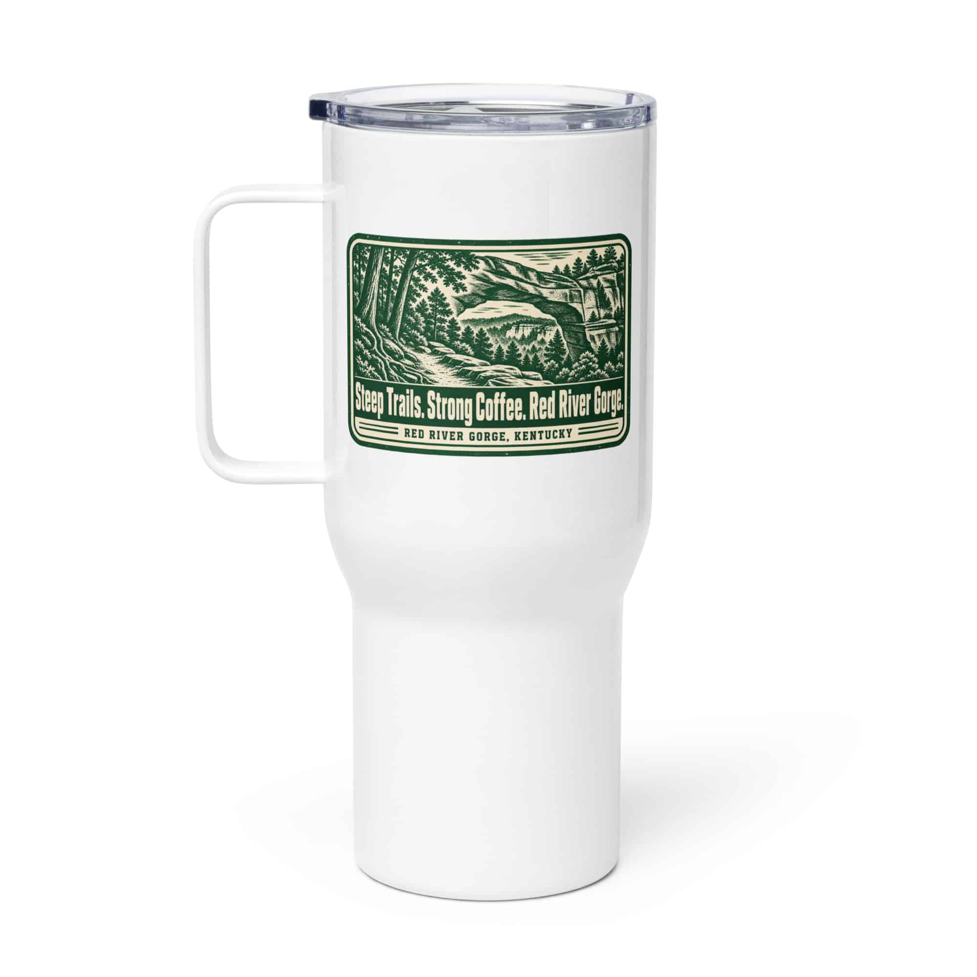 Red River Gorge Travel Mug: Steep Trails. Strong Coffee. Red River Gorge, Forest Ink Stamp