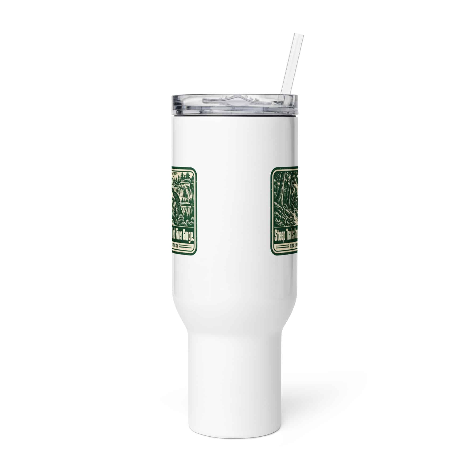 Red River Gorge Travel Mug: Steep Trails. Strong Coffee. Red River Gorge, Forest Ink Stamp