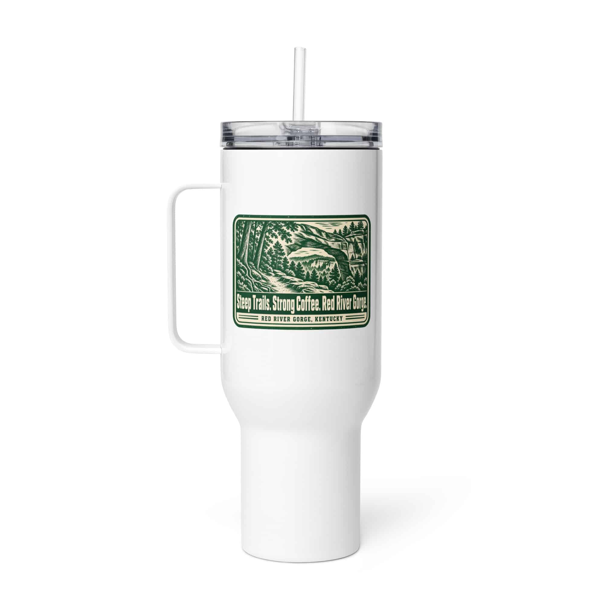 Red River Gorge Travel Mug: Steep Trails. Strong Coffee. Red River Gorge, Forest Ink Stamp