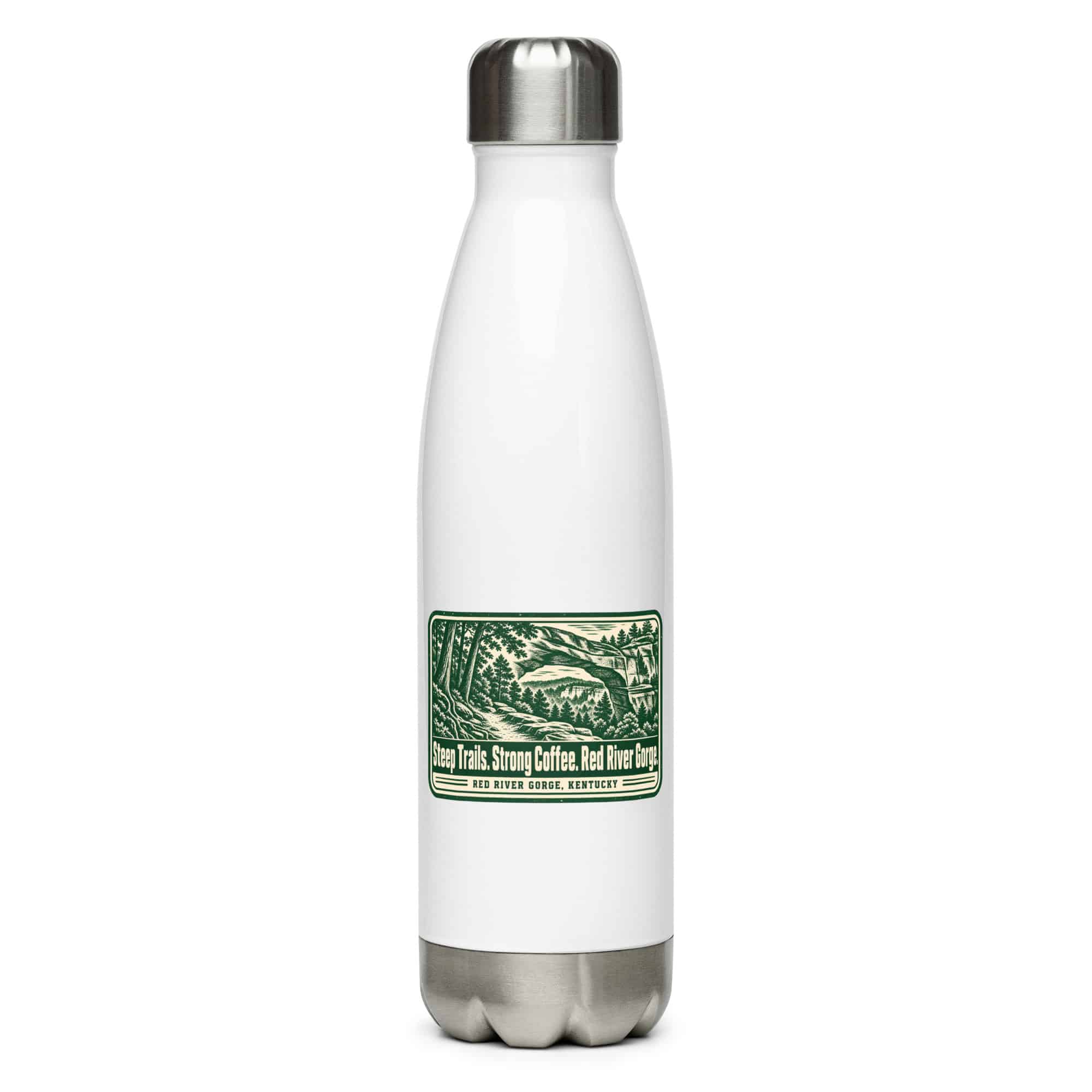 Red River Gorge Stainless Steel Water Bottle: Steep Trails. Strong Coffee. Red River Gorge, Forest Ink Stamp