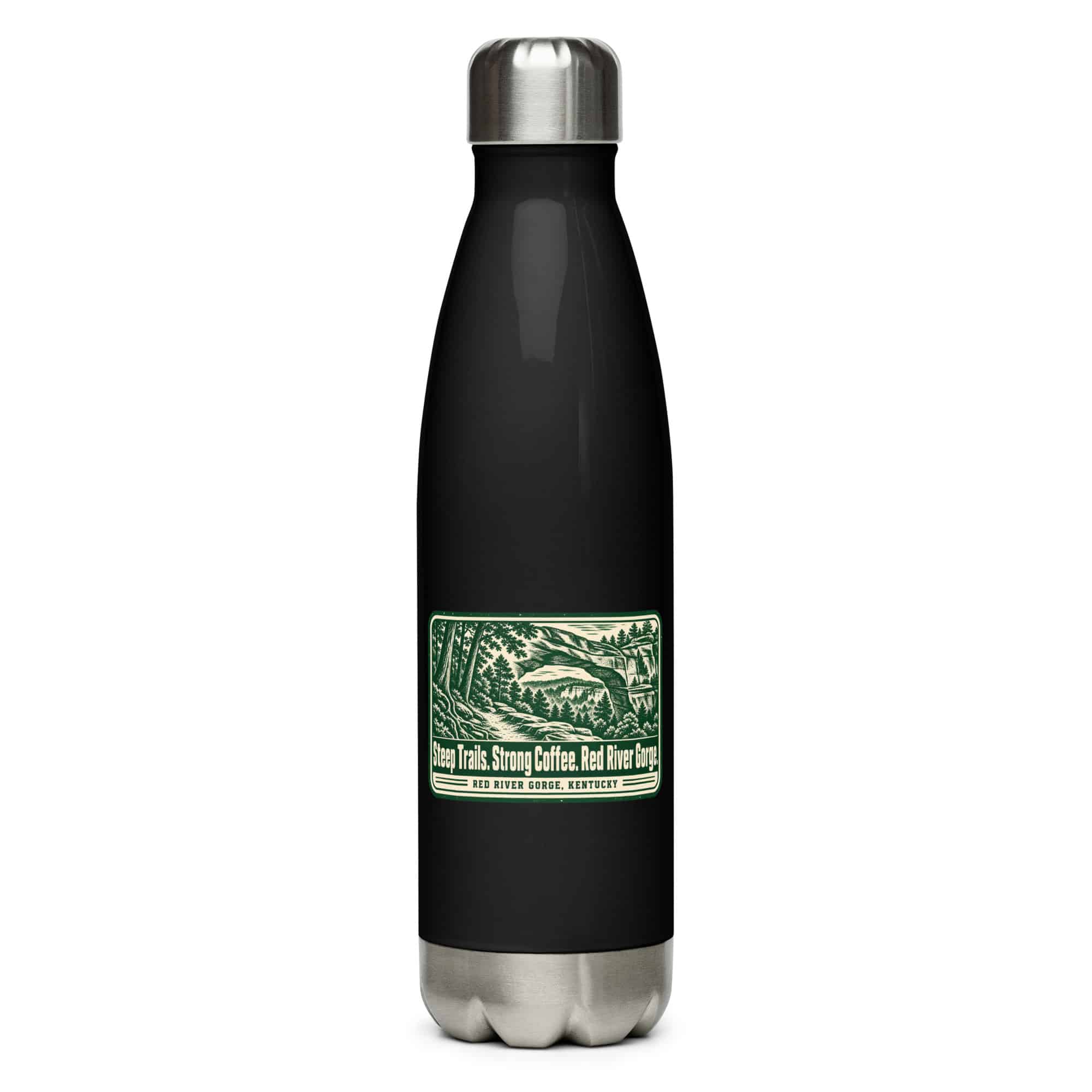 Red River Gorge Stainless Steel Water Bottle: Steep Trails. Strong Coffee. Red River Gorge, Forest Ink Stamp