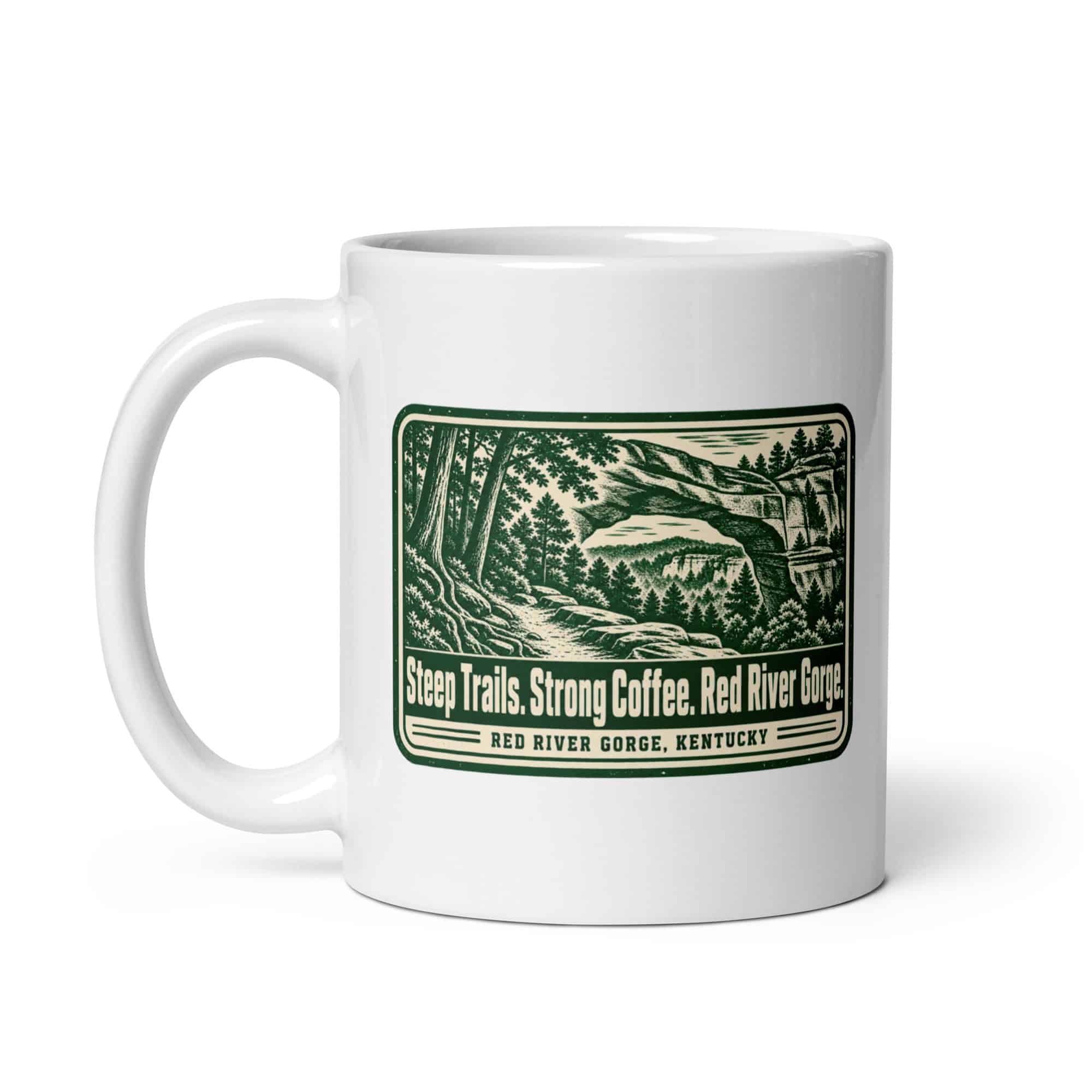Red River Gorge White Ceramic Coffee Mug: Steep Trails. Strong Coffee. Red River Gorge, Forest Ink Stamp