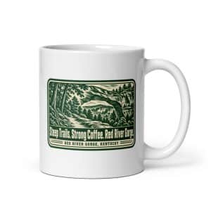 Red River Gorge White Ceramic Coffee Mug: Steep Trails. Strong Coffee. Red River Gorge, Forest Ink Stamp - 11 oz - Main