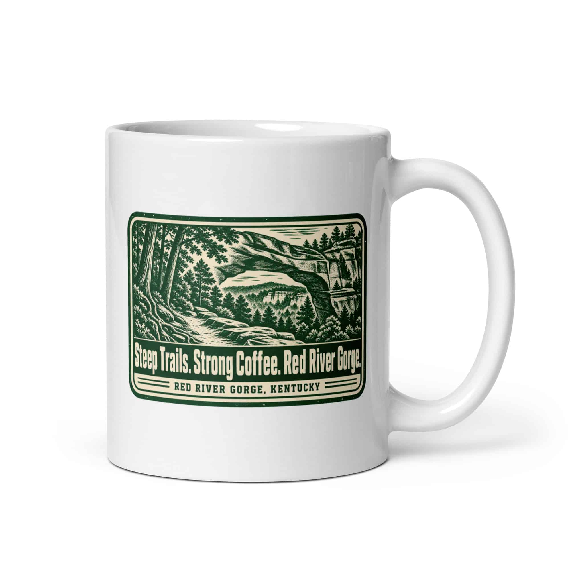 Red River Gorge White Ceramic Coffee Mug: Steep Trails. Strong Coffee. Red River Gorge, Forest Ink Stamp