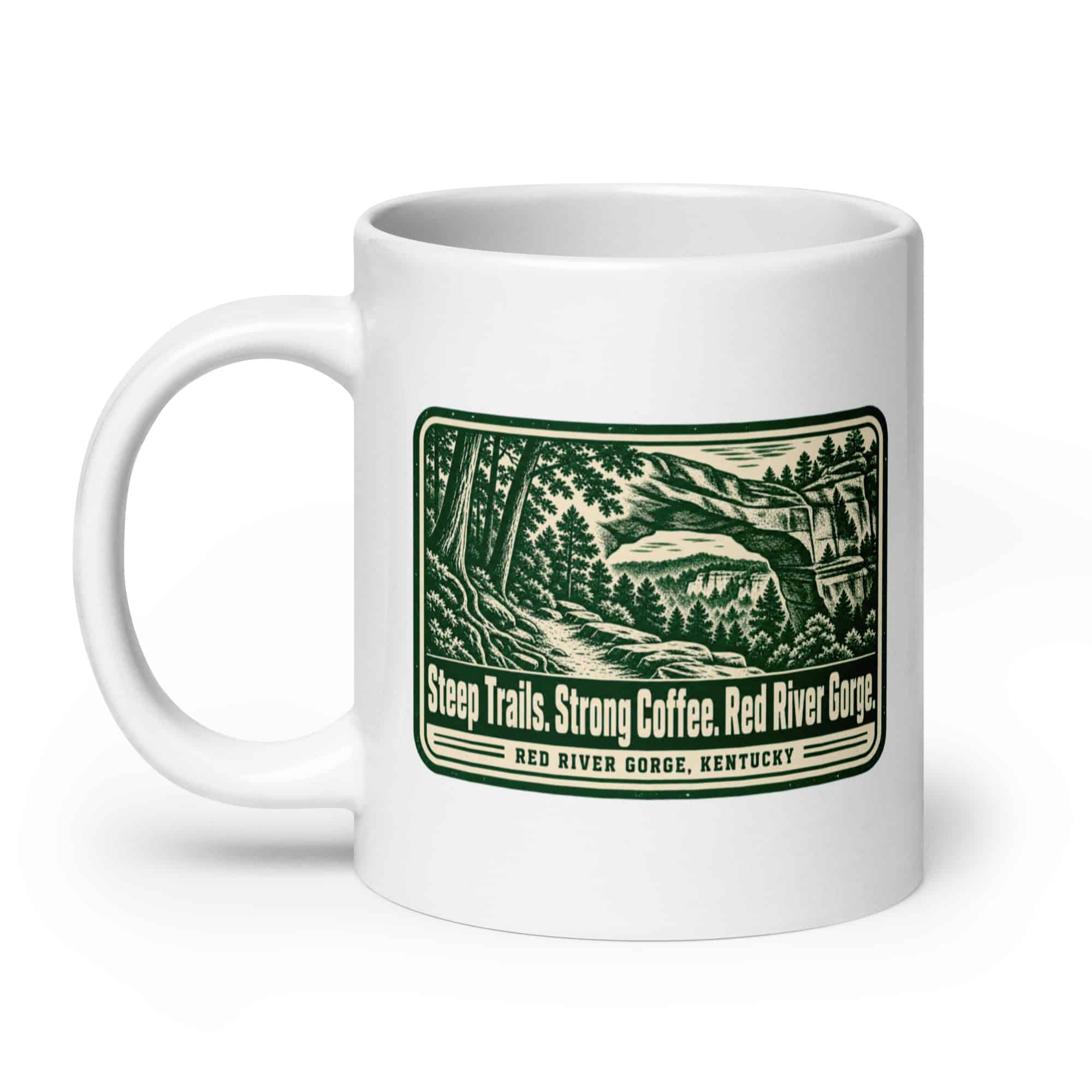 Red River Gorge White Ceramic Coffee Mug: Steep Trails. Strong Coffee. Red River Gorge, Forest Ink Stamp