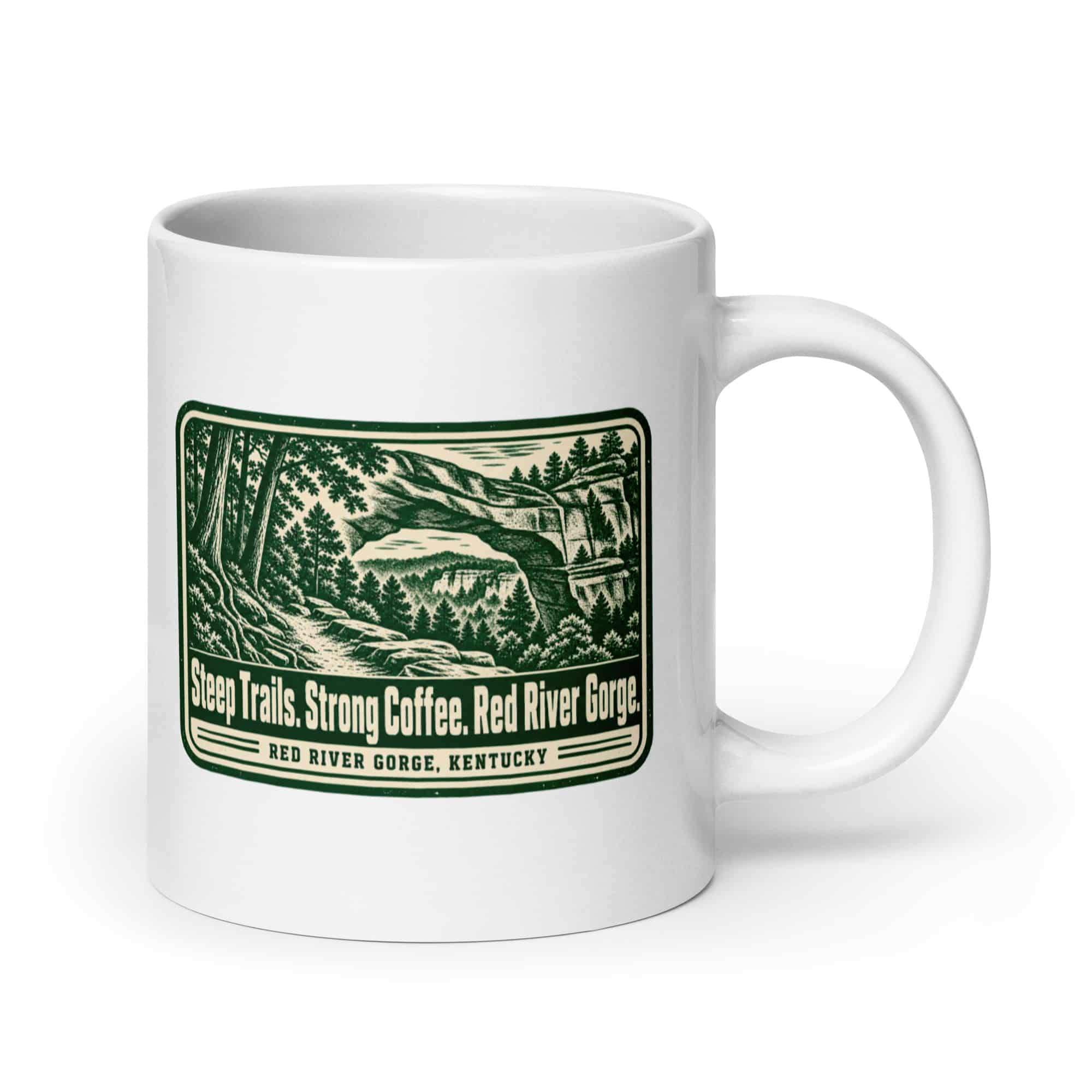 Red River Gorge White Ceramic Coffee Mug: Steep Trails. Strong Coffee. Red River Gorge, Forest Ink Stamp