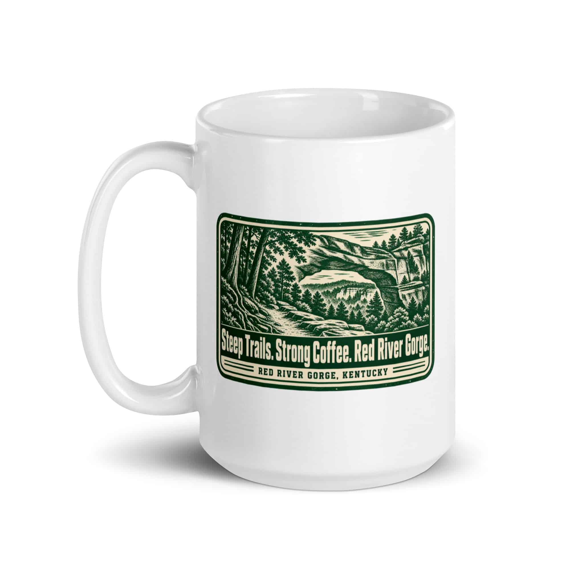 Red River Gorge White Ceramic Coffee Mug: Steep Trails. Strong Coffee. Red River Gorge, Forest Ink Stamp