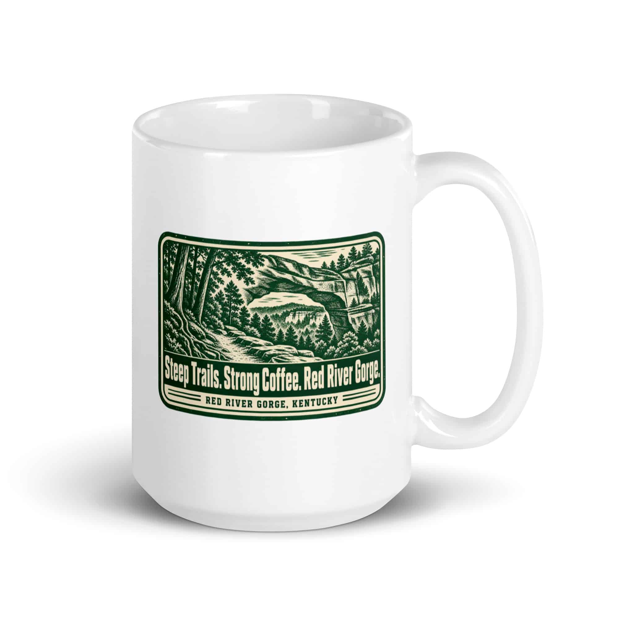 Red River Gorge White Ceramic Coffee Mug: Steep Trails. Strong Coffee. Red River Gorge, Forest Ink Stamp