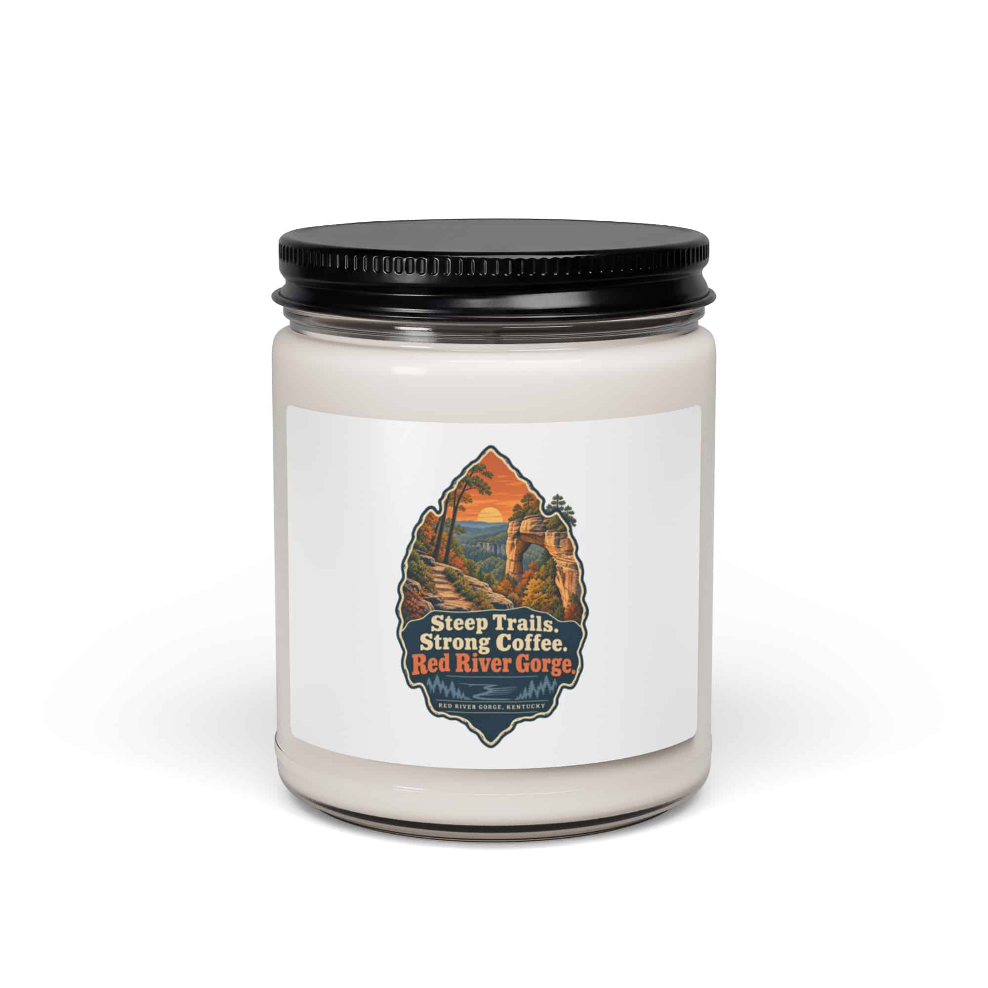 Red River Gorge Soy Wax Candle: Steep Trails. Strong Coffee. Red River Gorge, Scenic Shield Badge