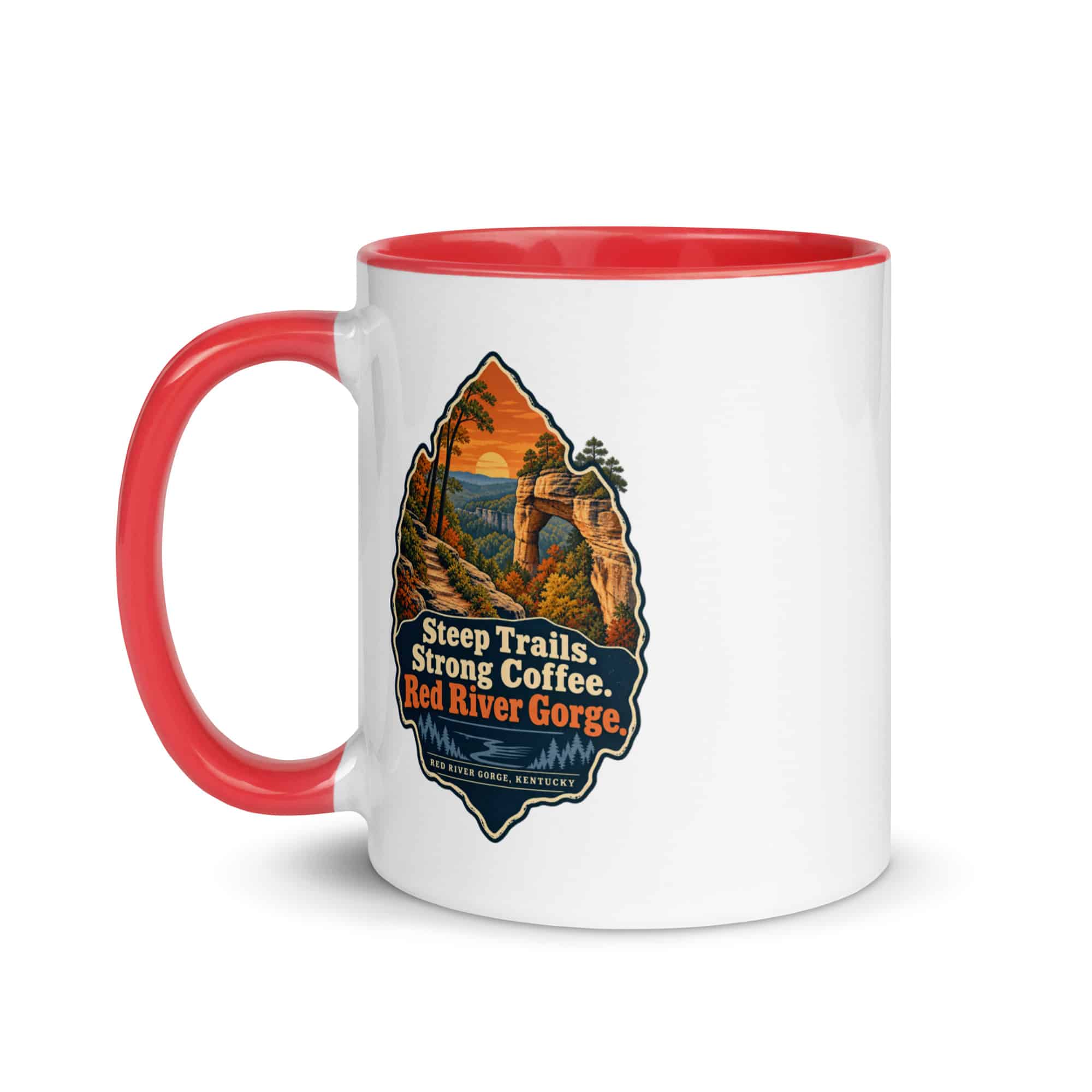 Red River Gorge Color Inside Coffee Mug: Steep Trails. Strong Coffee. Red River Gorge, Scenic Shield Badge