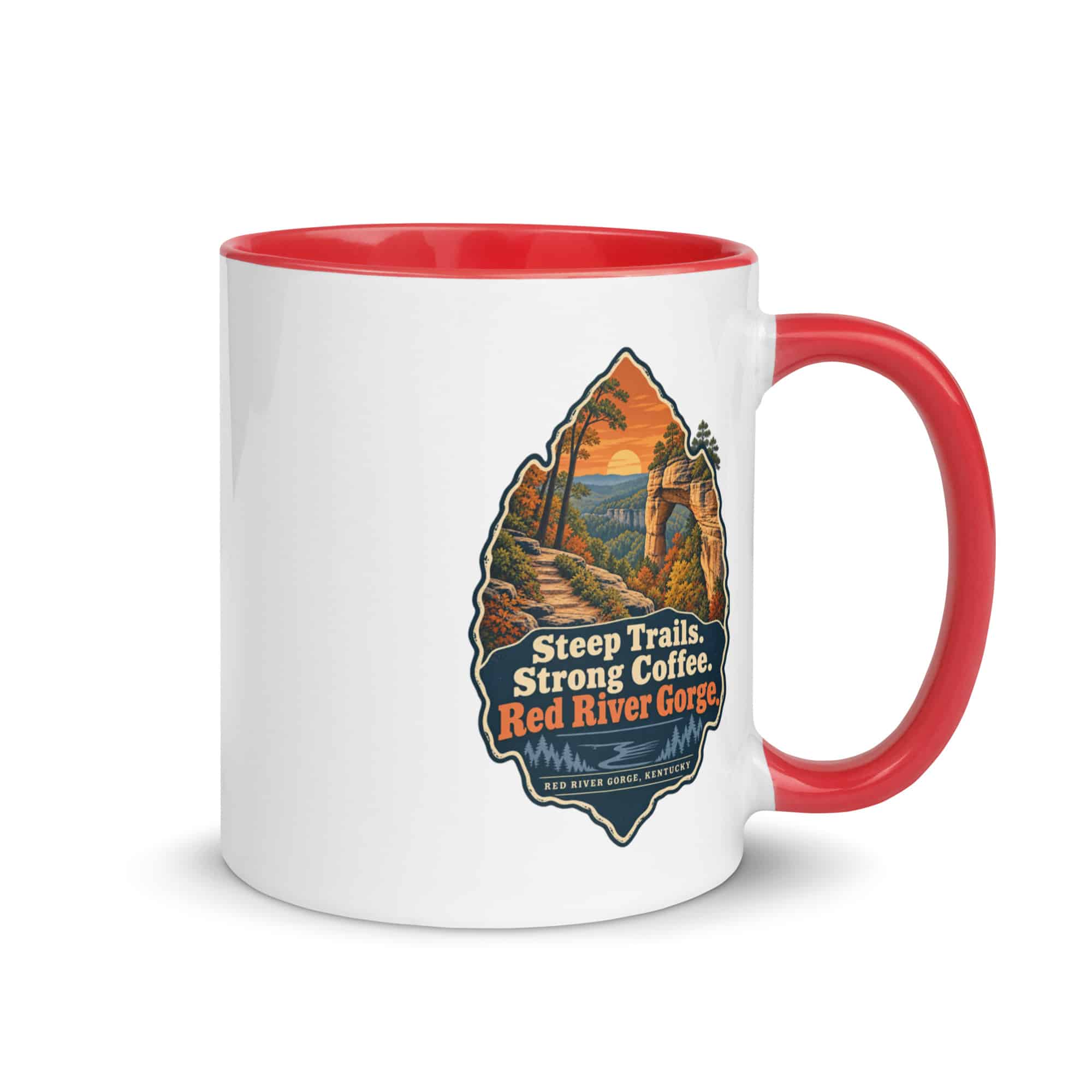 Red River Gorge Color Inside Coffee Mug: Steep Trails. Strong Coffee. Red River Gorge, Scenic Shield Badge
