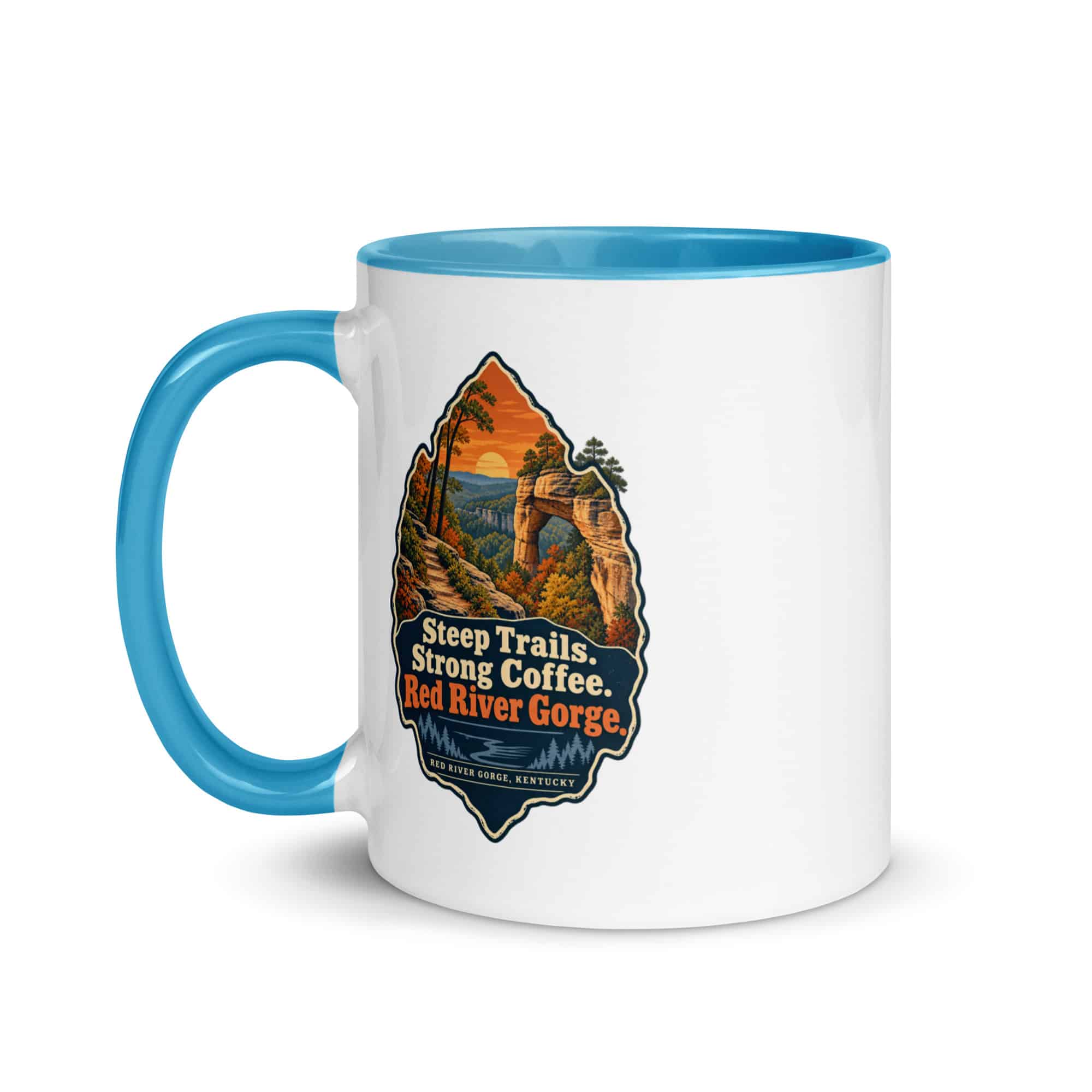 Red River Gorge Color Inside Coffee Mug: Steep Trails. Strong Coffee. Red River Gorge, Scenic Shield Badge