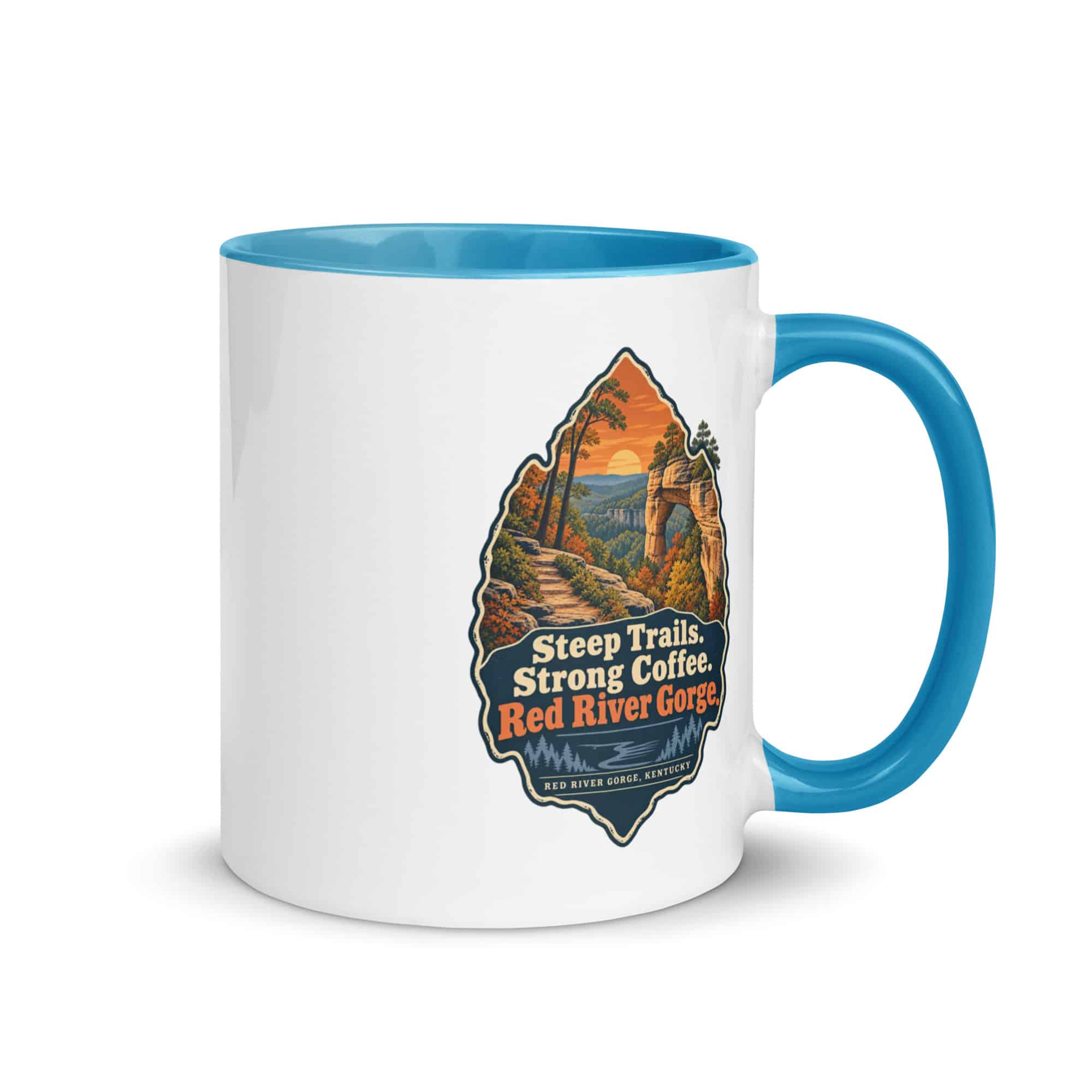 Red River Gorge Color Inside Coffee Mug: Steep Trails. Strong Coffee. Red River Gorge, Scenic Shield Badge