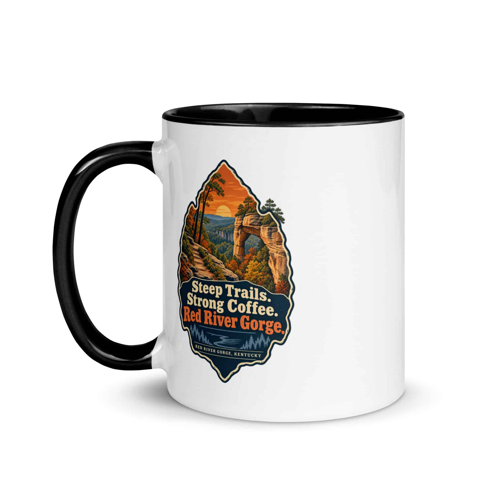 Red River Gorge Color Inside Coffee Mug: Steep Trails. Strong Coffee. Red River Gorge, Scenic Shield Badge