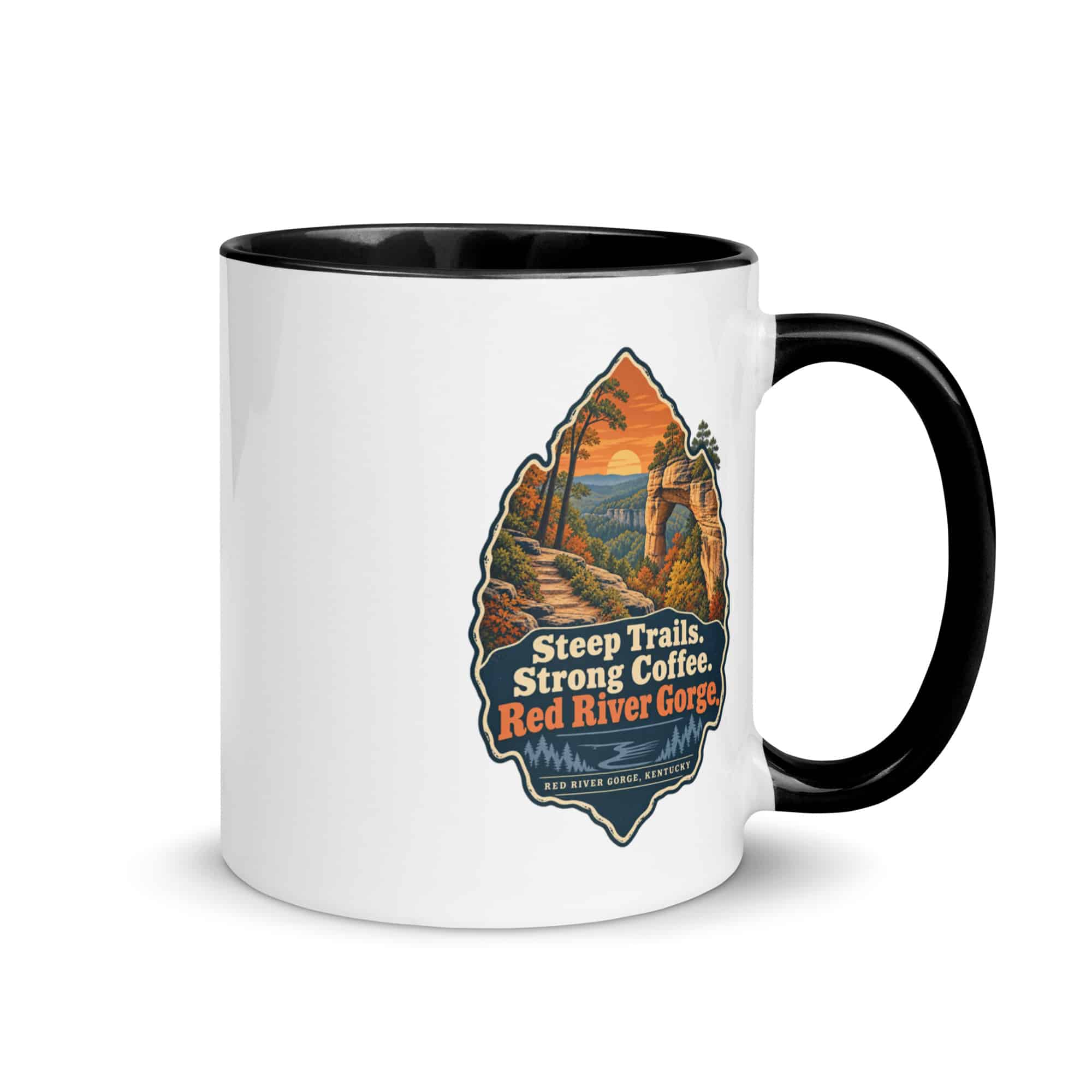 Red River Gorge Color Inside Coffee Mug: Steep Trails. Strong Coffee. Red River Gorge, Scenic Shield Badge