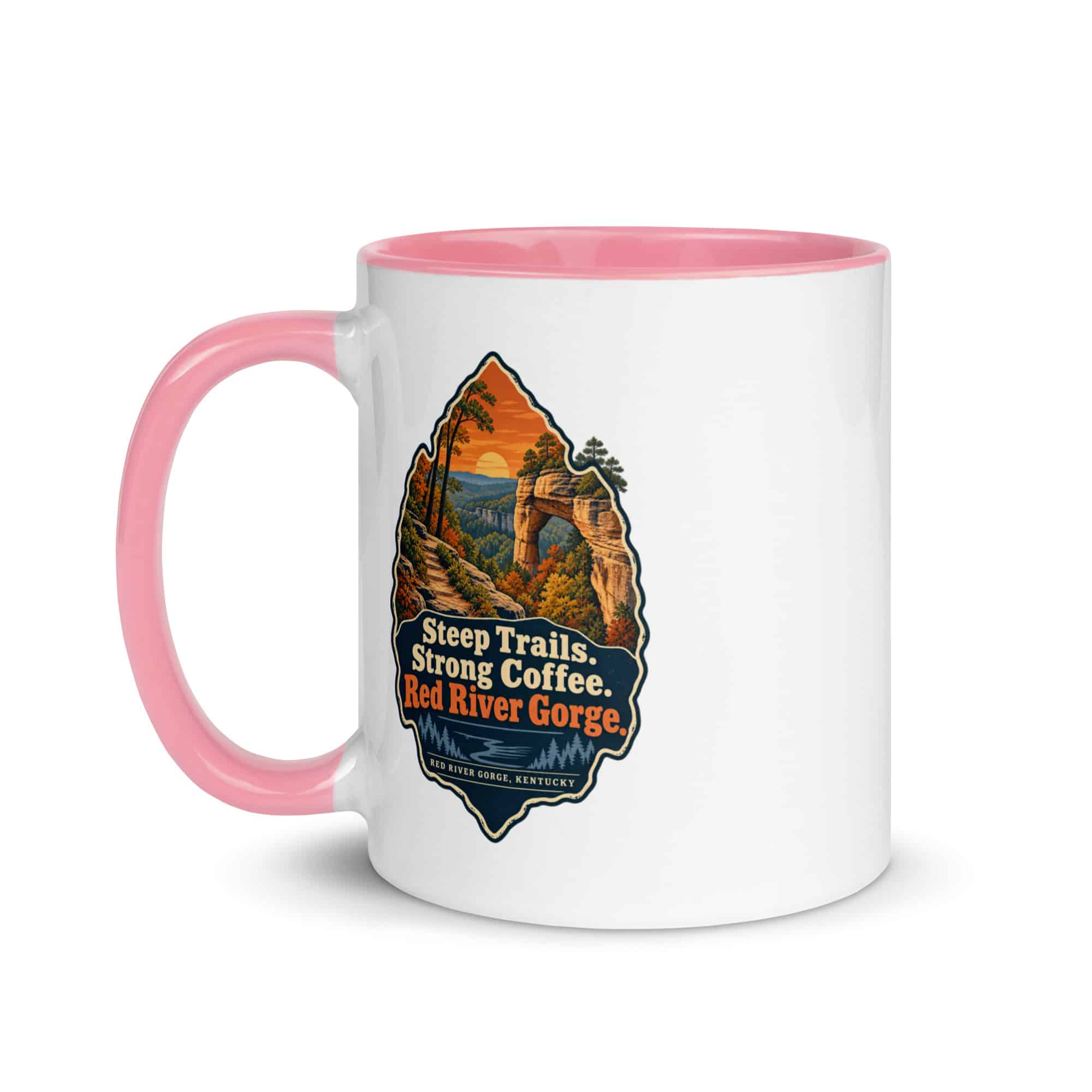 Red River Gorge Color Inside Coffee Mug: Steep Trails. Strong Coffee. Red River Gorge, Scenic Shield Badge