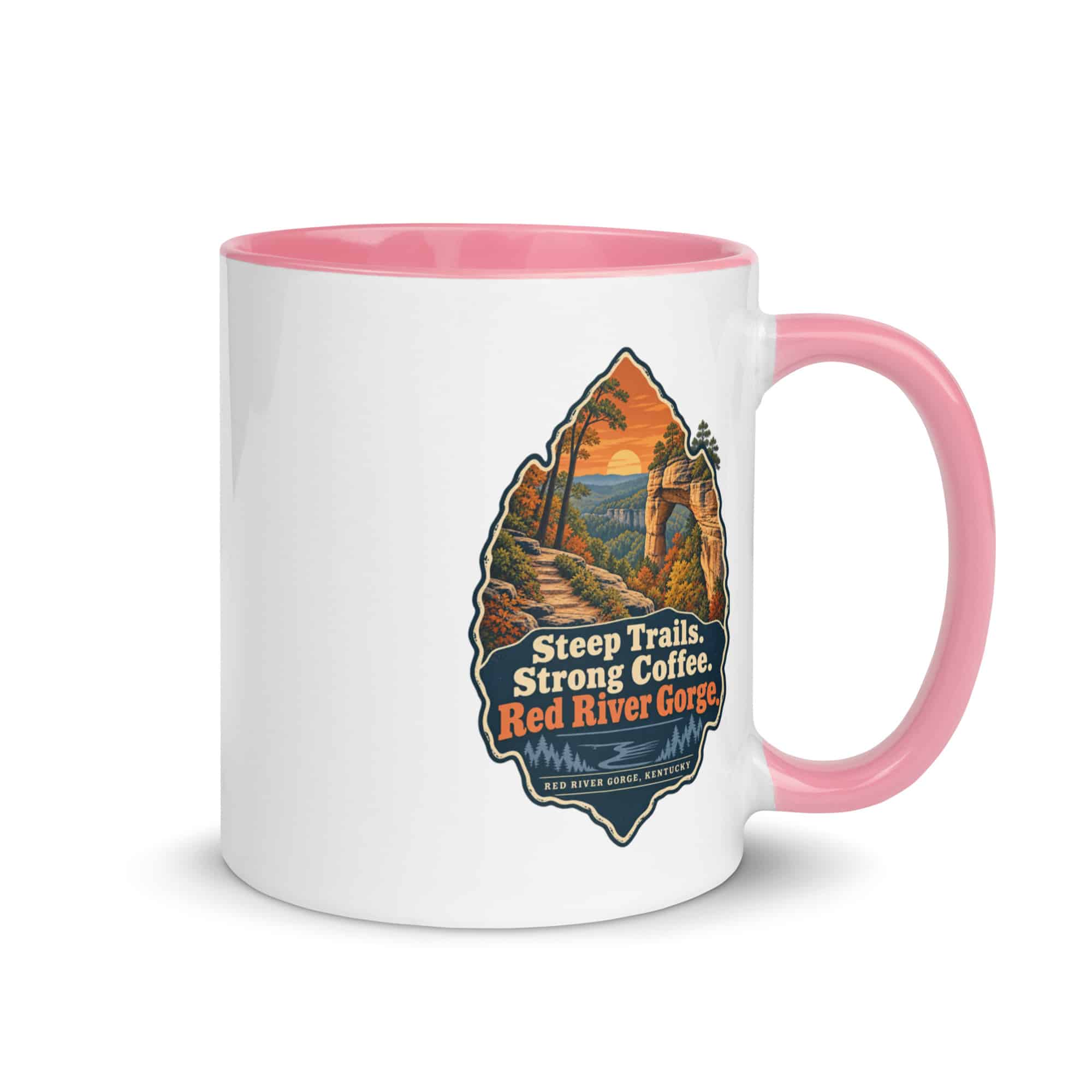 Red River Gorge Color Inside Coffee Mug: Steep Trails. Strong Coffee. Red River Gorge, Scenic Shield Badge