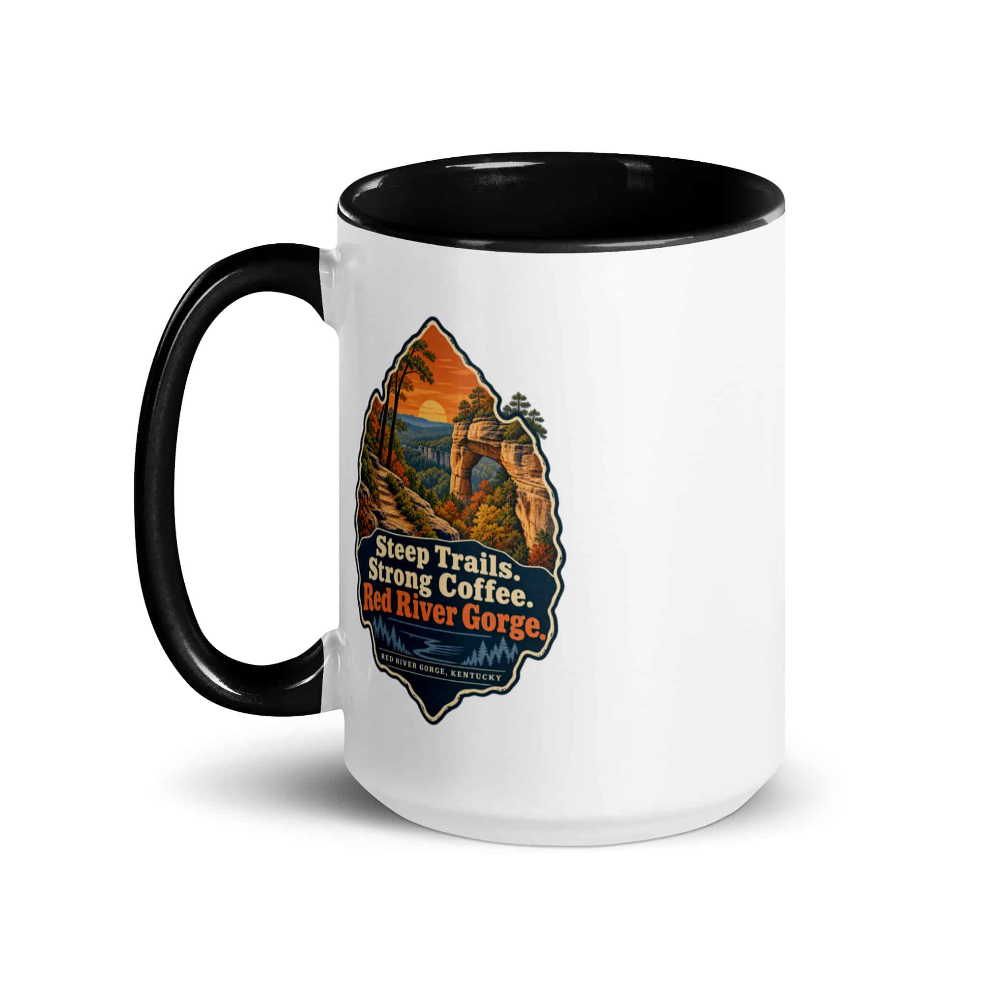 Red River Gorge Color Inside Coffee Mug: Steep Trails. Strong Coffee. Red River Gorge, Scenic Shield Badge