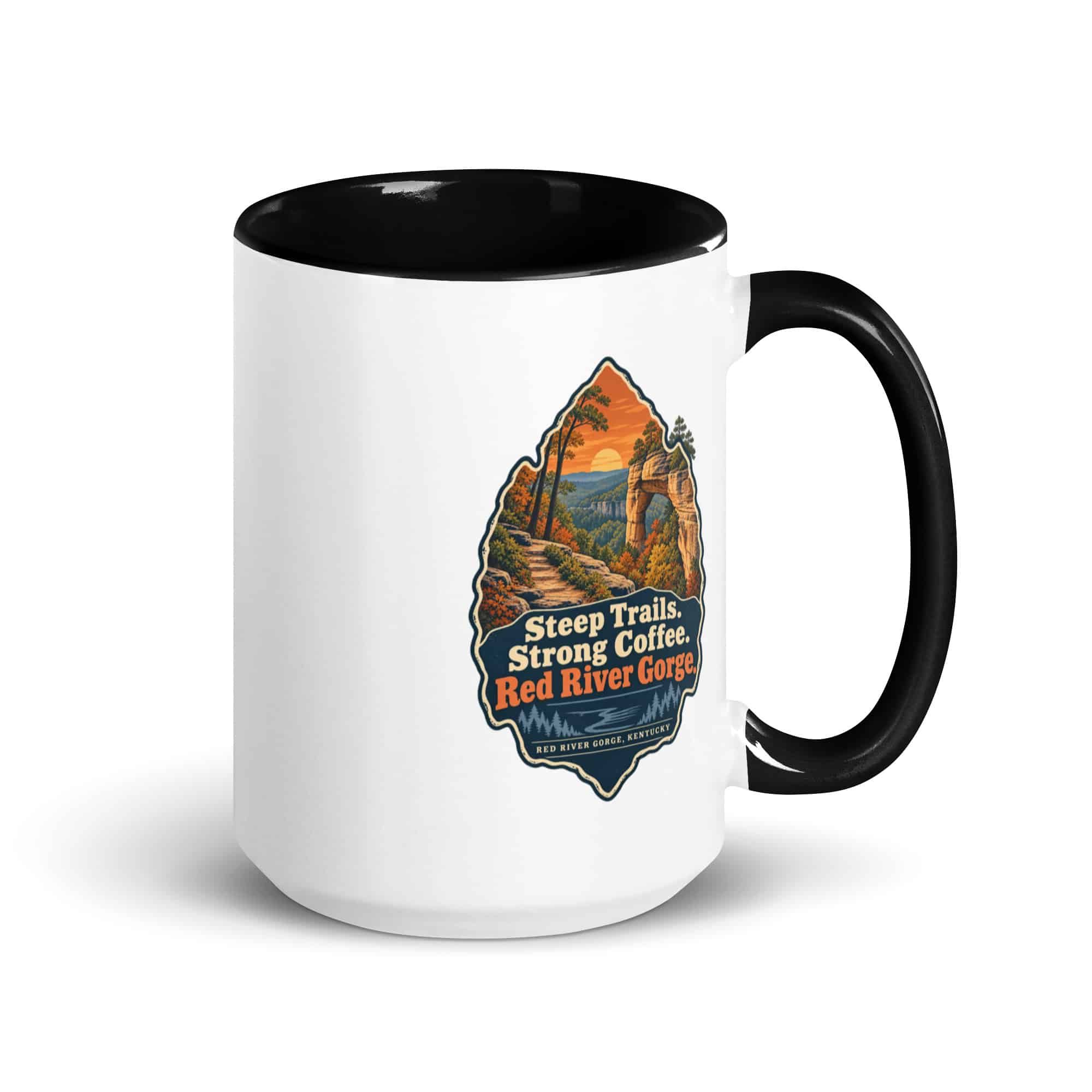 Red River Gorge Color Inside Coffee Mug: Steep Trails. Strong Coffee. Red River Gorge, Scenic Shield Badge