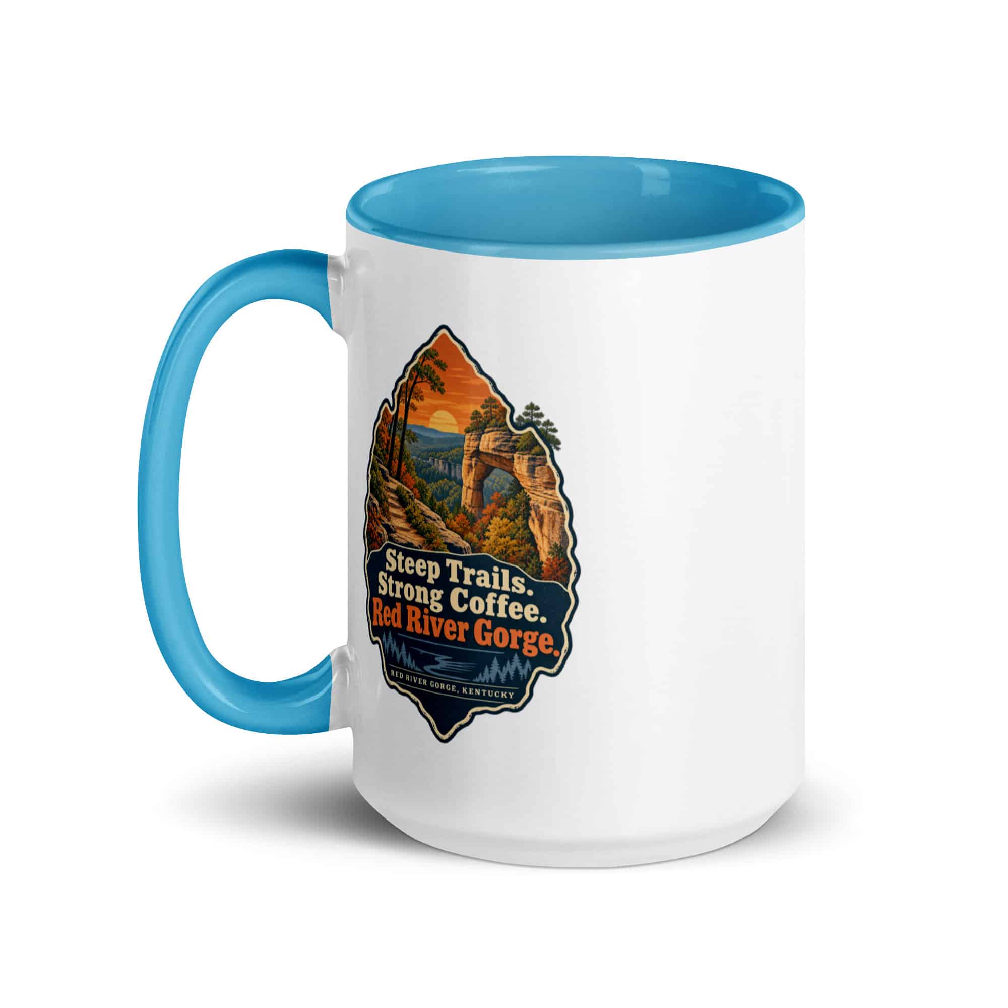 Red River Gorge Color Inside Coffee Mug: Steep Trails. Strong Coffee. Red River Gorge, Scenic Shield Badge