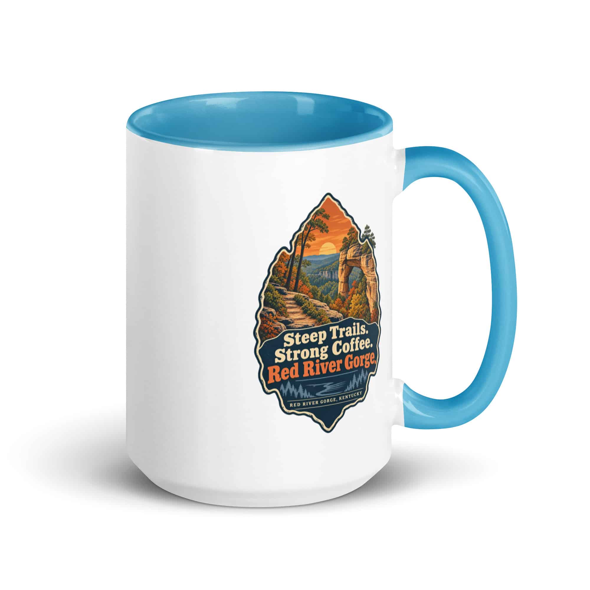 Red River Gorge Color Inside Coffee Mug: Steep Trails. Strong Coffee. Red River Gorge, Scenic Shield Badge