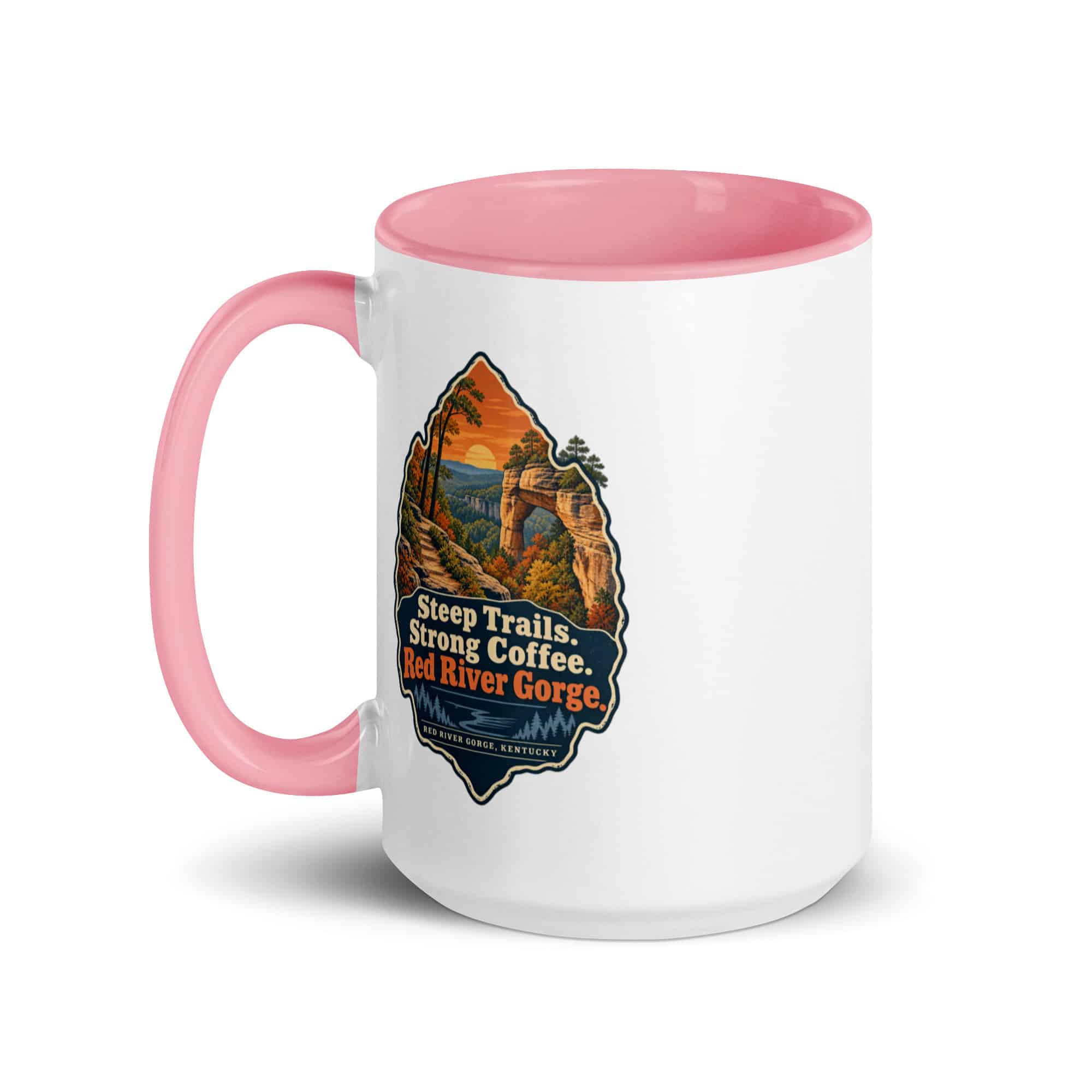Red River Gorge Color Inside Coffee Mug: Steep Trails. Strong Coffee. Red River Gorge, Scenic Shield Badge