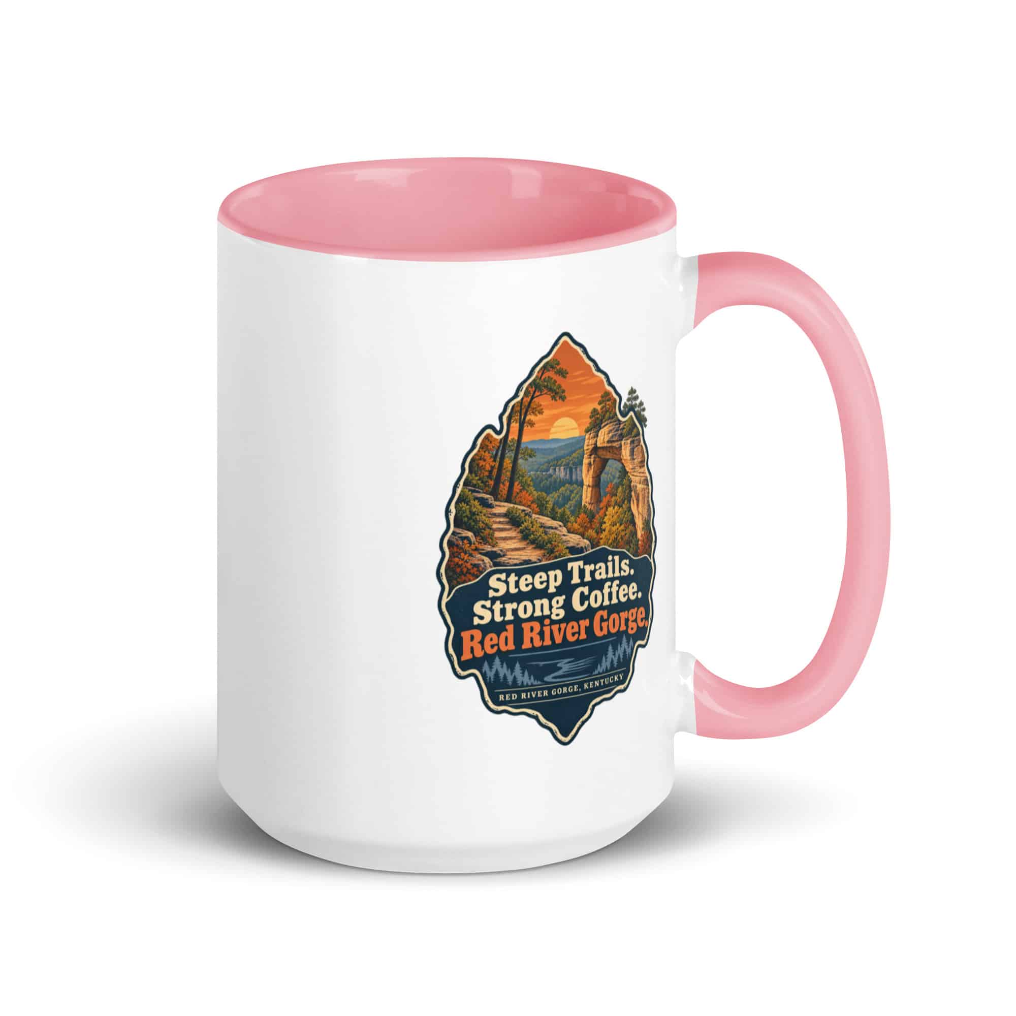 Red River Gorge Color Inside Coffee Mug: Steep Trails. Strong Coffee. Red River Gorge, Scenic Shield Badge
