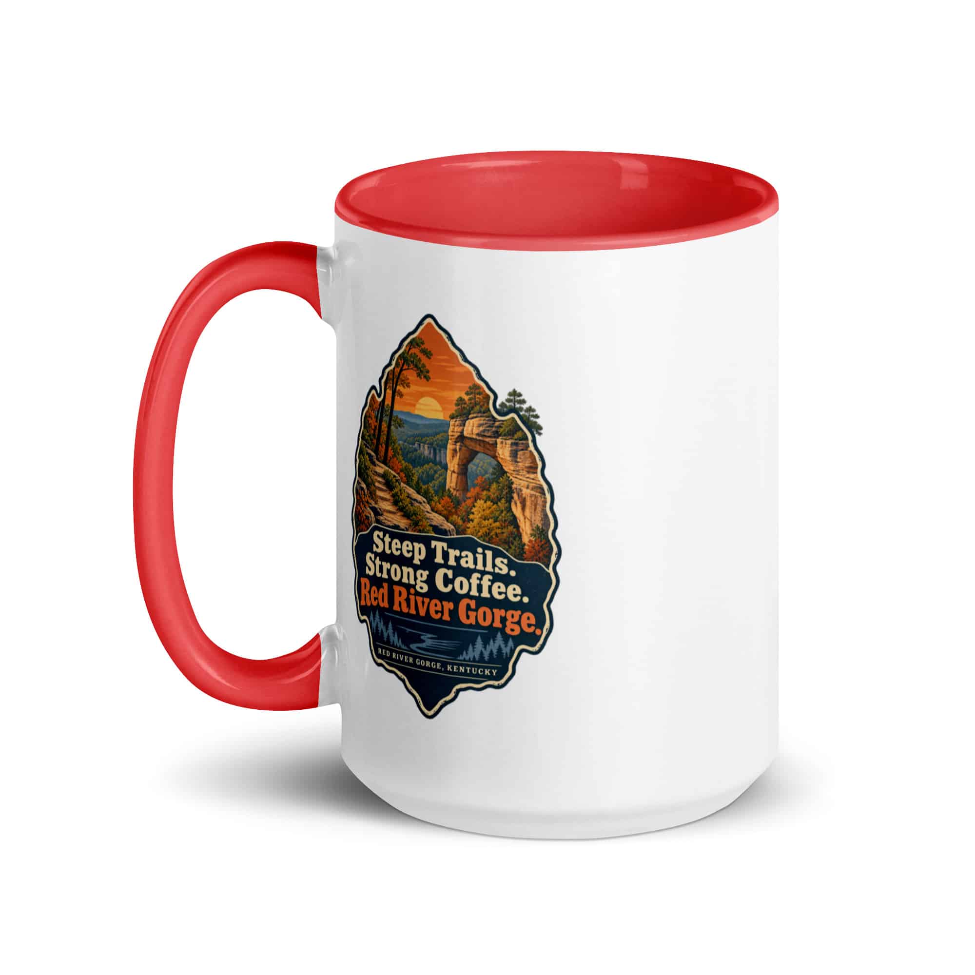 Red River Gorge Color Inside Coffee Mug: Steep Trails. Strong Coffee. Red River Gorge, Scenic Shield Badge