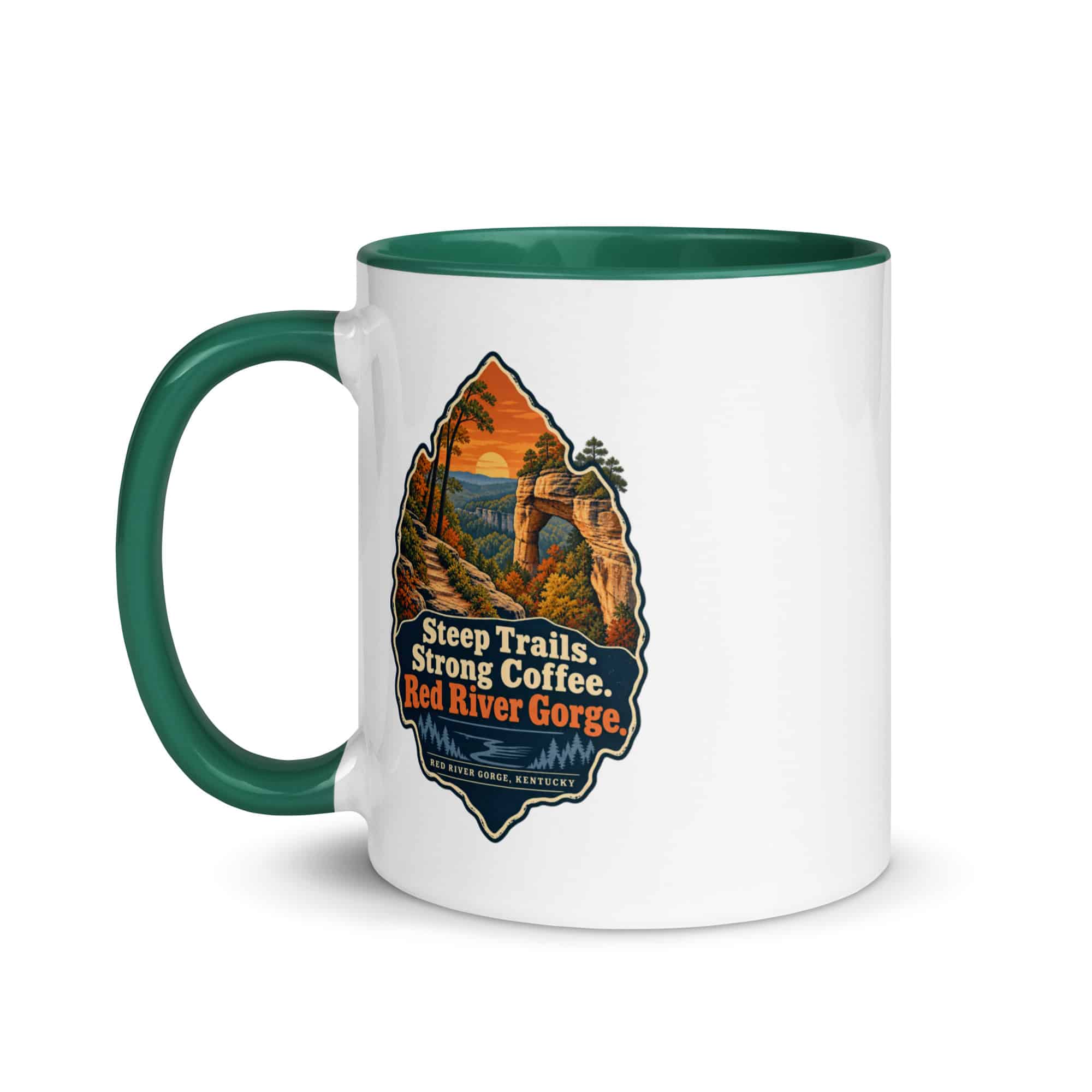 Red River Gorge Color Inside Coffee Mug: Steep Trails. Strong Coffee. Red River Gorge, Scenic Shield Badge