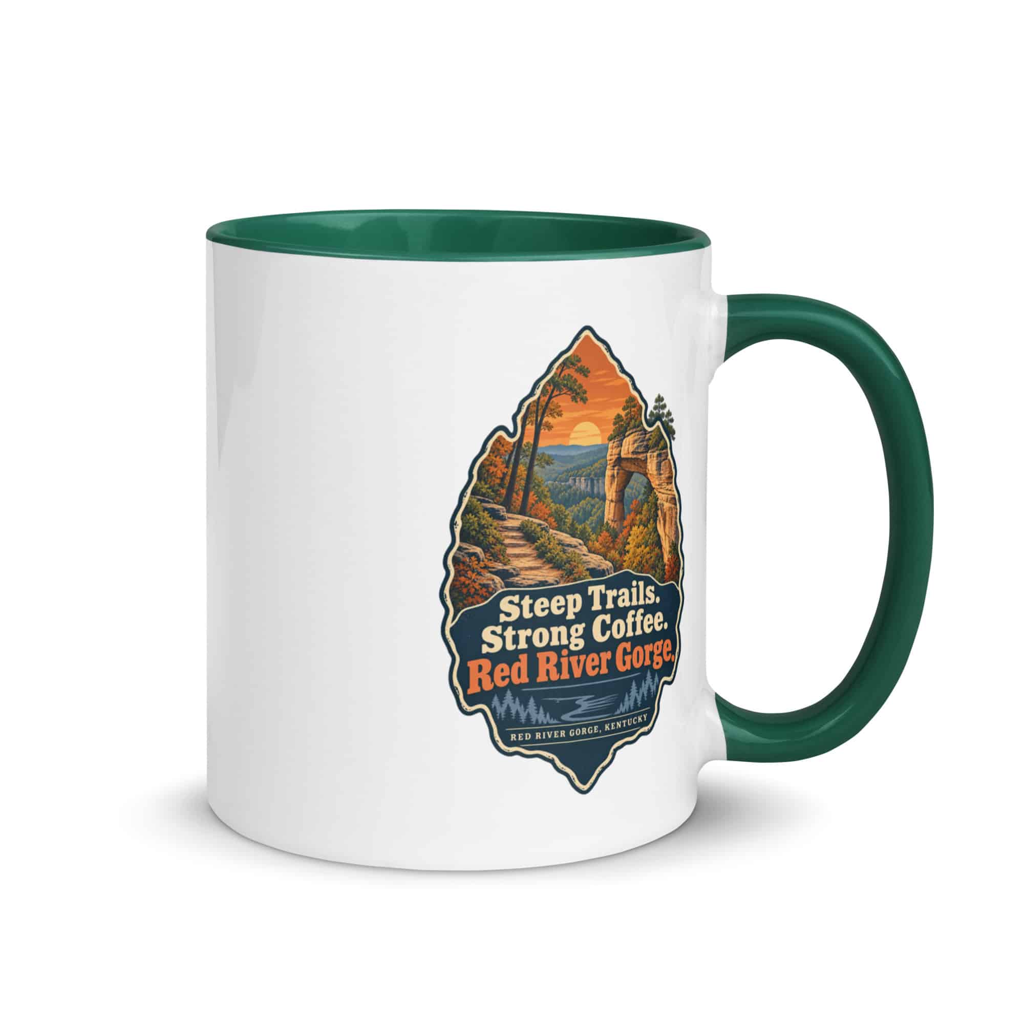Red River Gorge Color Inside Coffee Mug: Steep Trails. Strong Coffee. Red River Gorge, Scenic Shield Badge