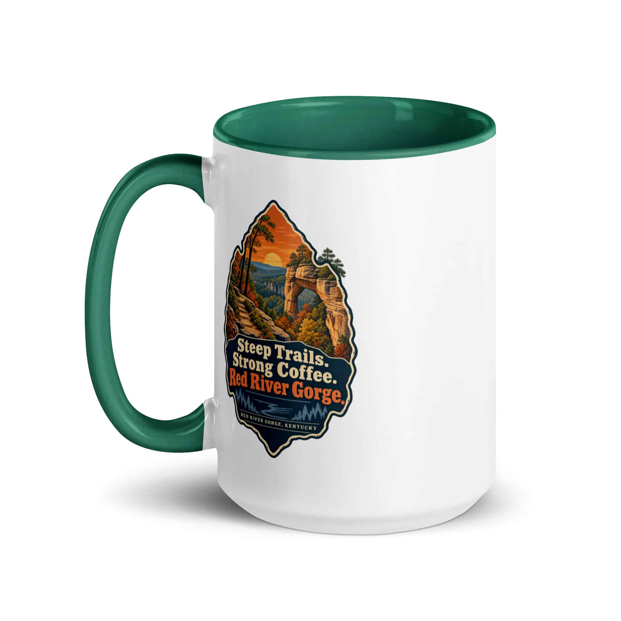 Red River Gorge Color Inside Coffee Mug: Steep Trails. Strong Coffee. Red River Gorge, Scenic Shield Badge