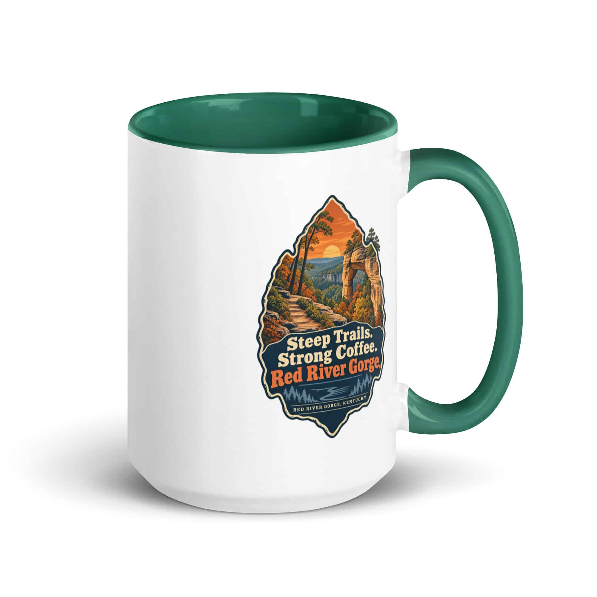 Red River Gorge Color Inside Coffee Mug: Steep Trails. Strong Coffee. Red River Gorge, Scenic Shield Badge