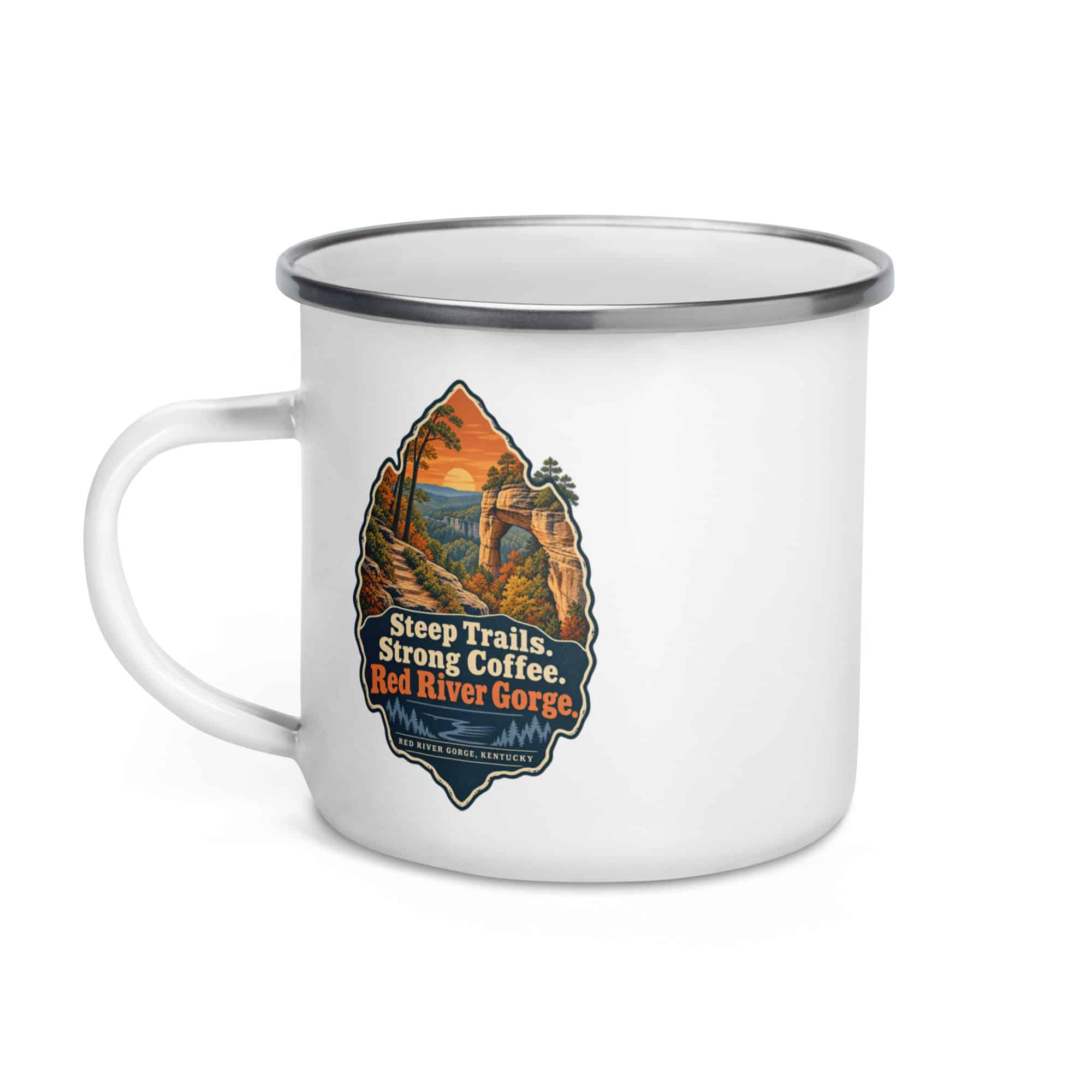 Red River Gorge Enamel Camp Mug: Steep Trails. Strong Coffee. Red River Gorge, Scenic Shield Badge
