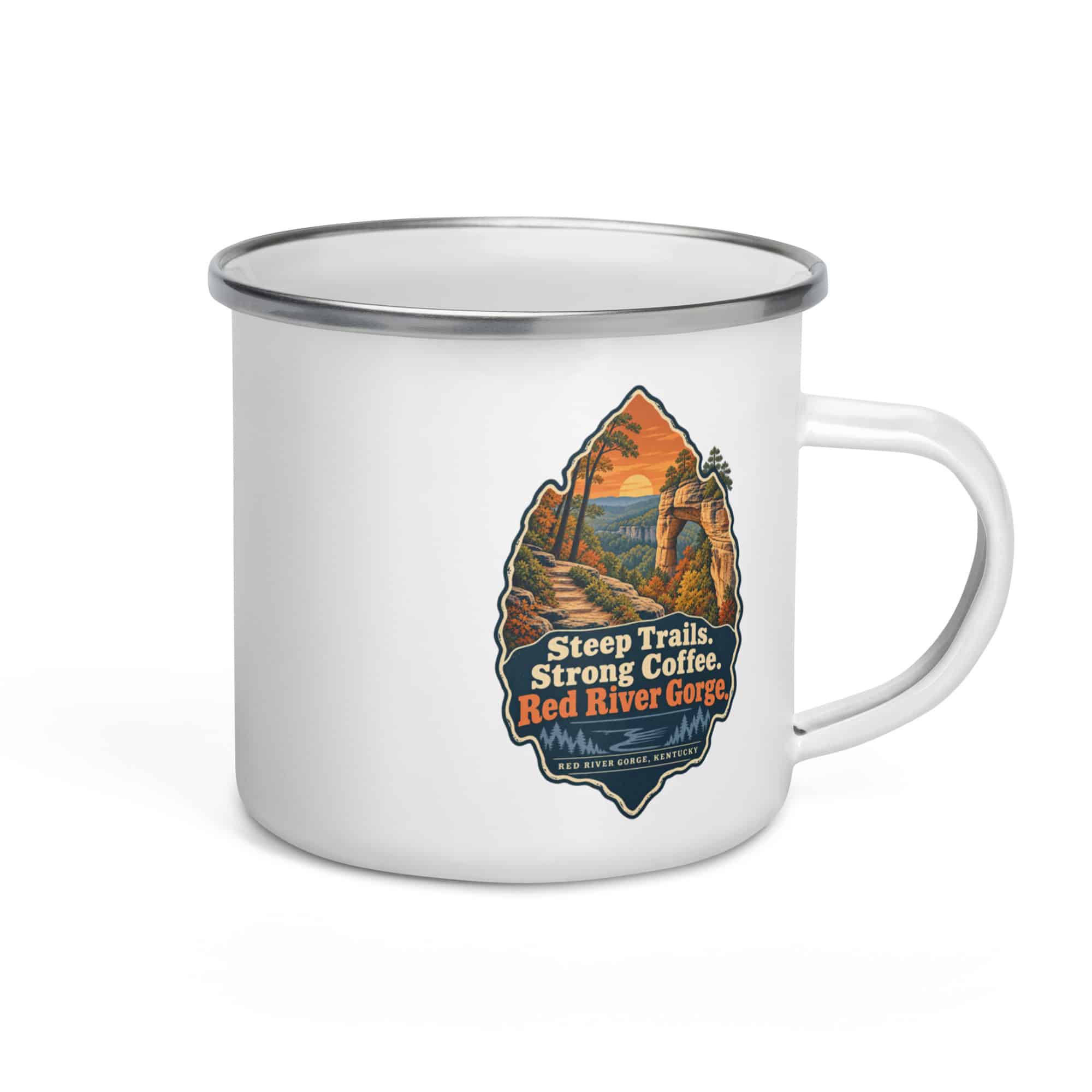 Red River Gorge Enamel Camp Mug: Steep Trails. Strong Coffee. Red River Gorge, Scenic Shield Badge