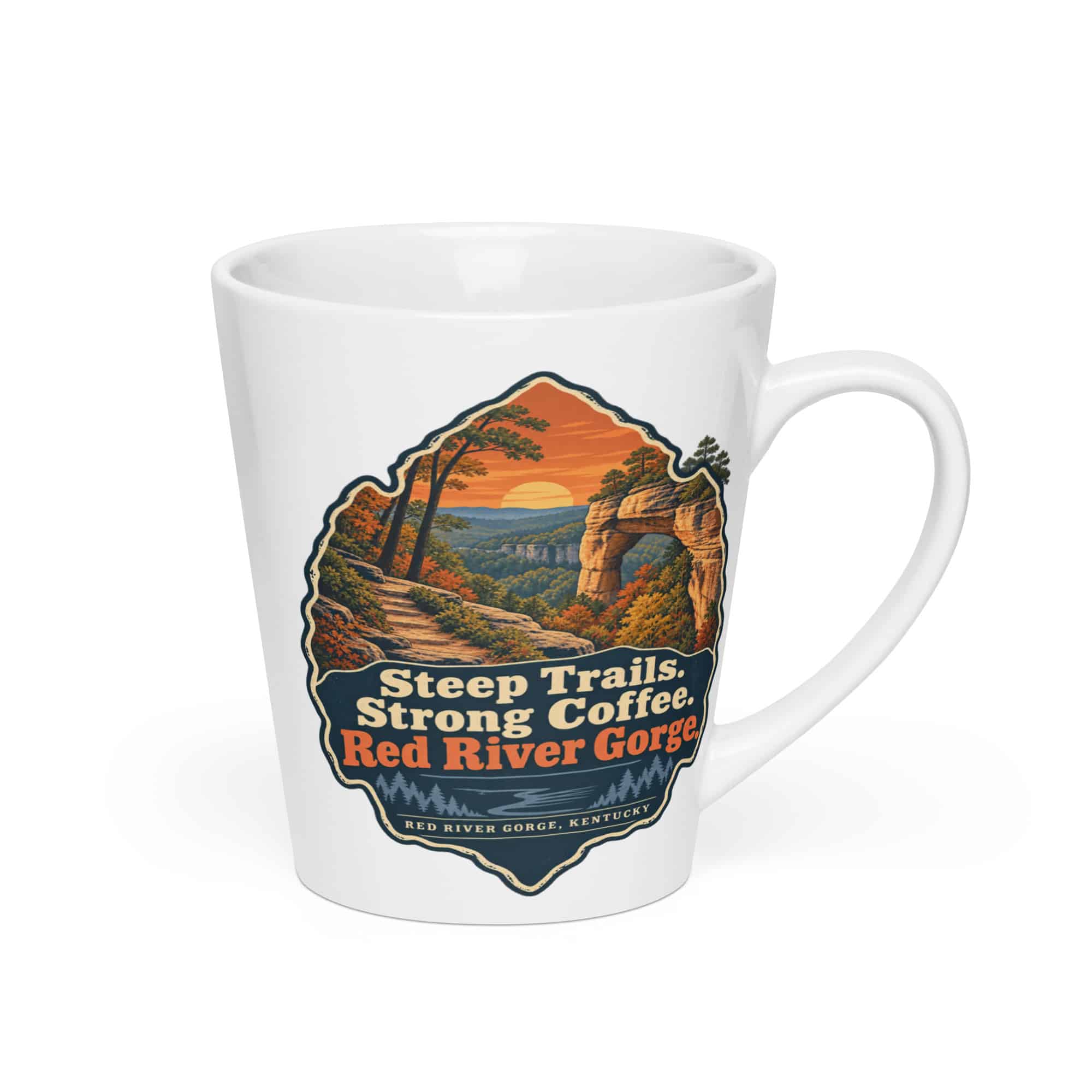 Red River Gorge Latte Mug: Steep Trails. Strong Coffee. Red River Gorge, Scenic Shield Badge