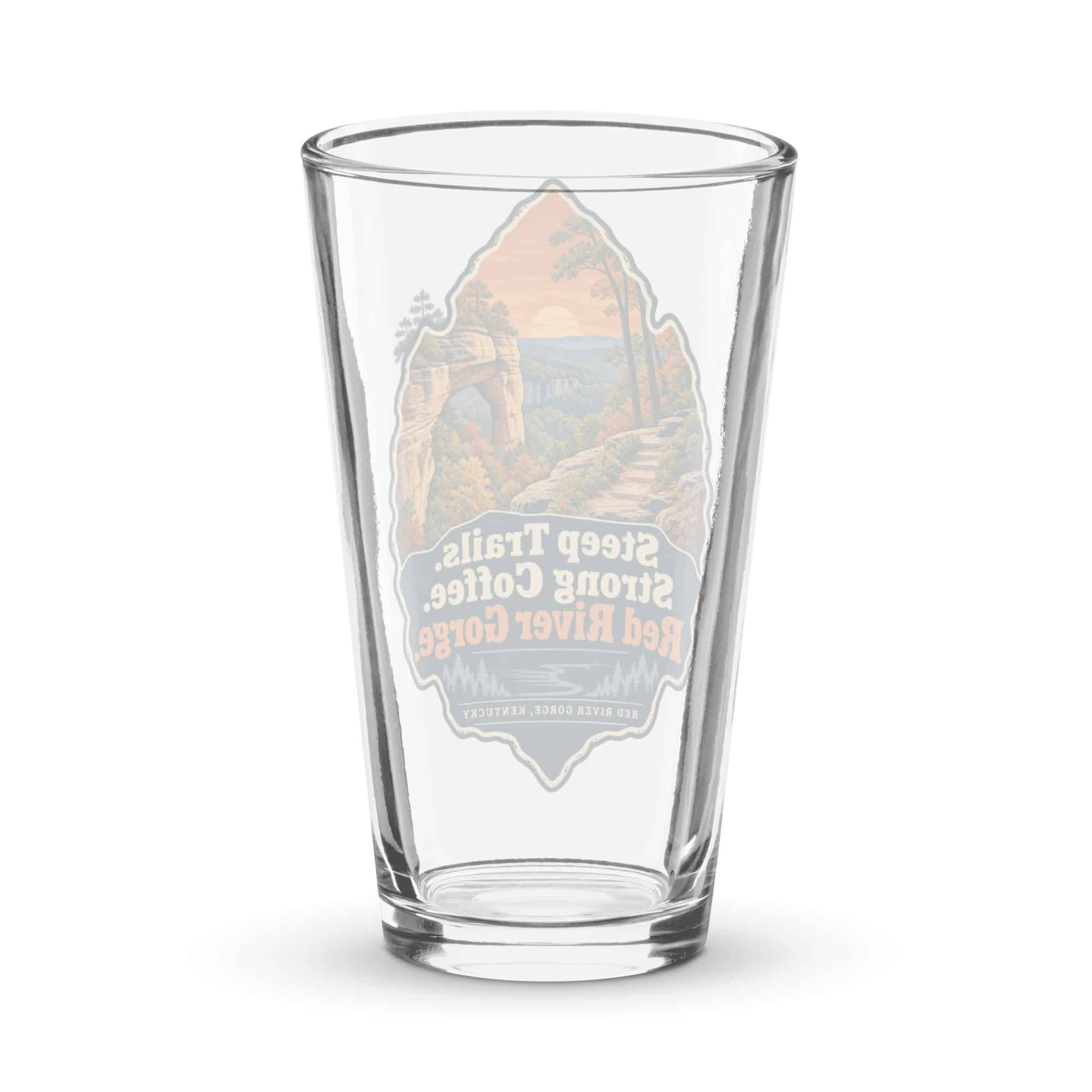 Red River Gorge Pint Glass: Steep Trails. Strong Coffee. Red River Gorge, Scenic Shield Badge